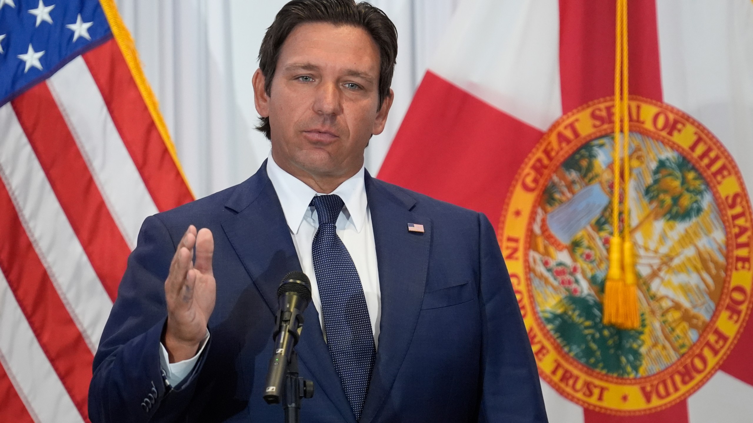 FILE - Florida Gov. Ron DeSantis speaks during a news conference Aug. 12, 2025, in Tampa, Fla. (AP Photo/Chris O'Meara, File)