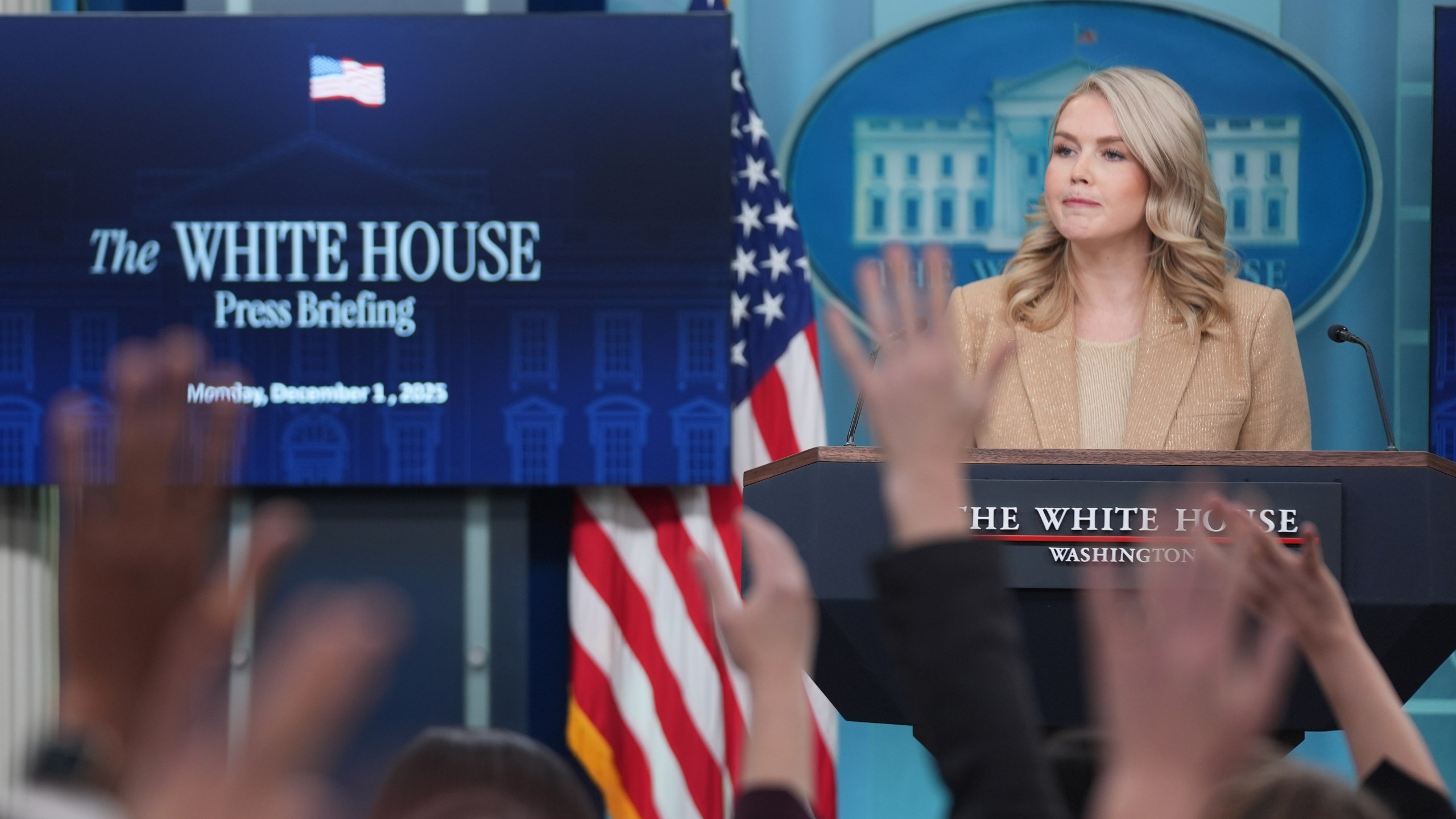 White House press secretary Karoline Leavitt speaks during a press briefing at the White House, Monday, Dec. 1, 2025, in Washington. (AP Photo/Evan Vucci)