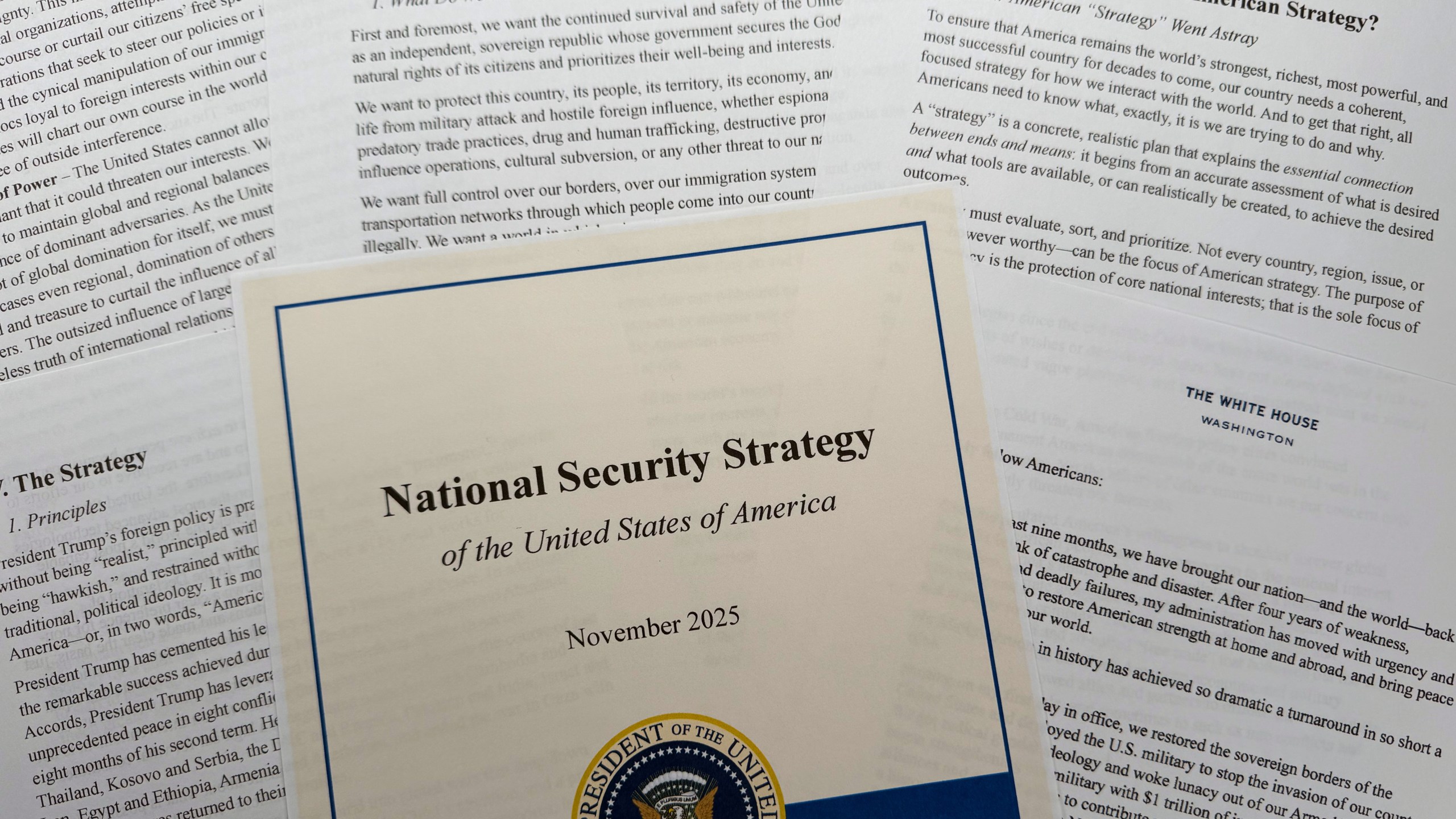The National Security Strategy, released in November 2025, is photographed Wednesday, Dec. 10, 2025. (AP Photo/Jon Elswick)