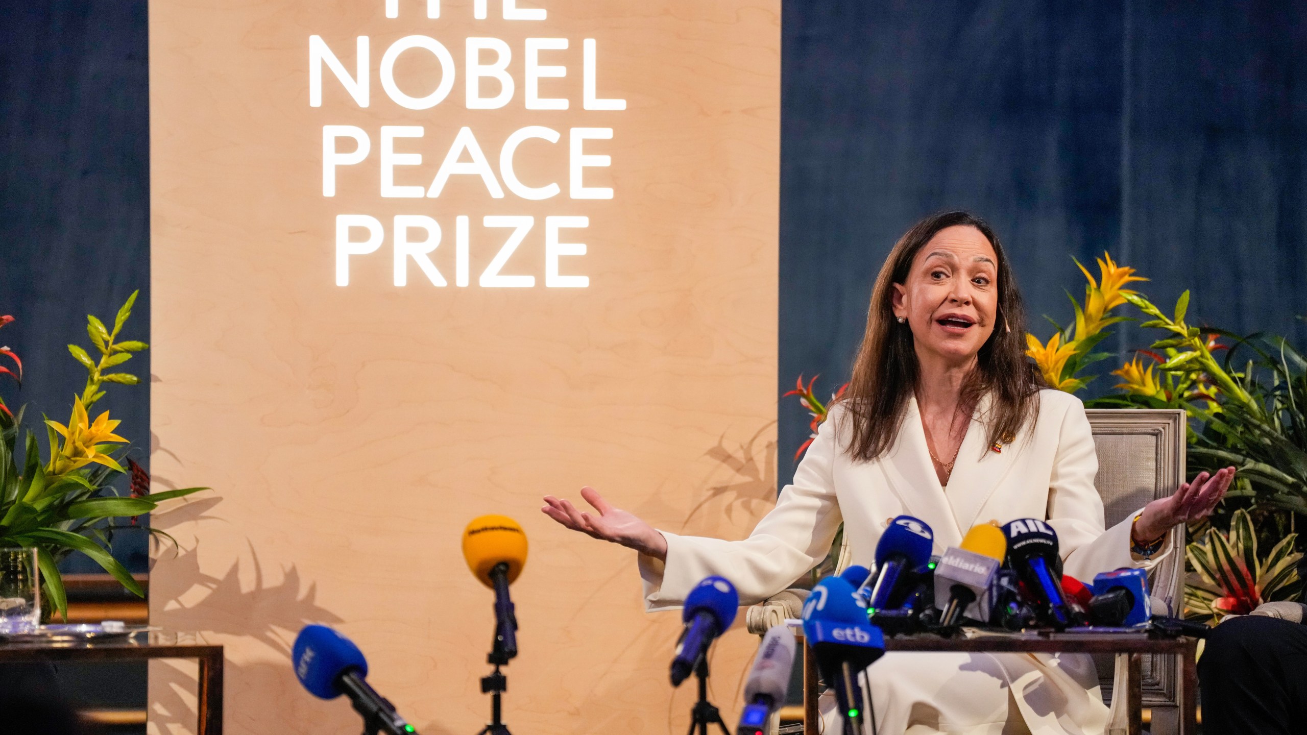 Nobel Peace Prize laureate Maria Corina Machado speaks during a press conference at the Grand Hotel in Oslo, Norway, Thursday, Dec. 11, 2025. (Heiko Junge/NTB Scanpix via AP)