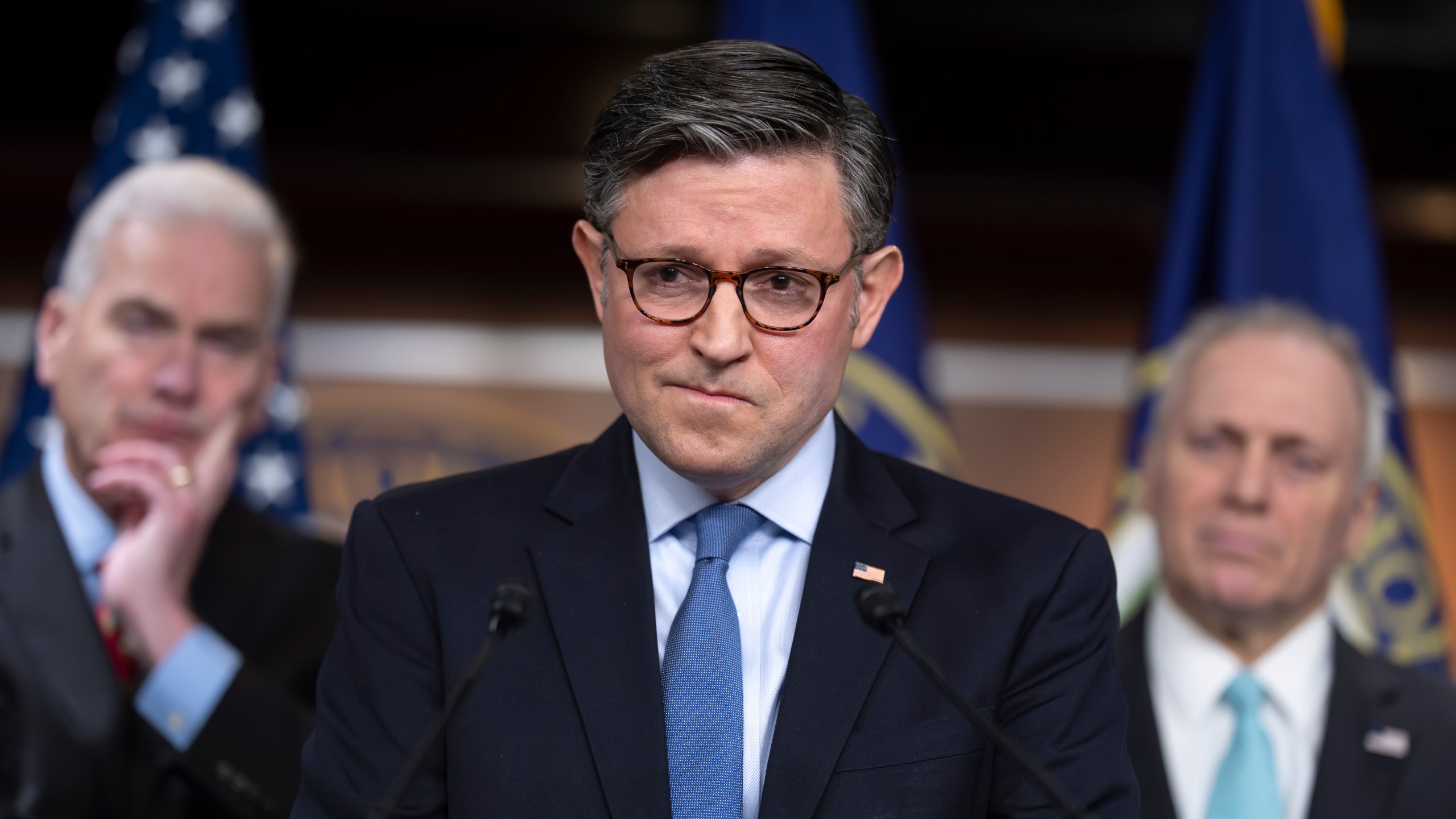 Speaker of the House Mike Johnson, R-La., meets with reporters as Republicans struggle with a plan to address growing health care costs, at the Capitol in Washington, Tuesday, Dec. 16, 2025. (AP Photo/J. Scott Applewhite)
