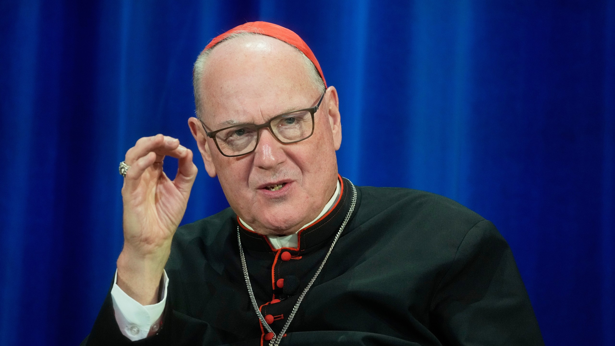 FILE - Cardinal Timothy Dolan of New York attends a news conference at the North American College in Rome, May 9, 2025. (AP Photo/Gregorio Borgia, File)