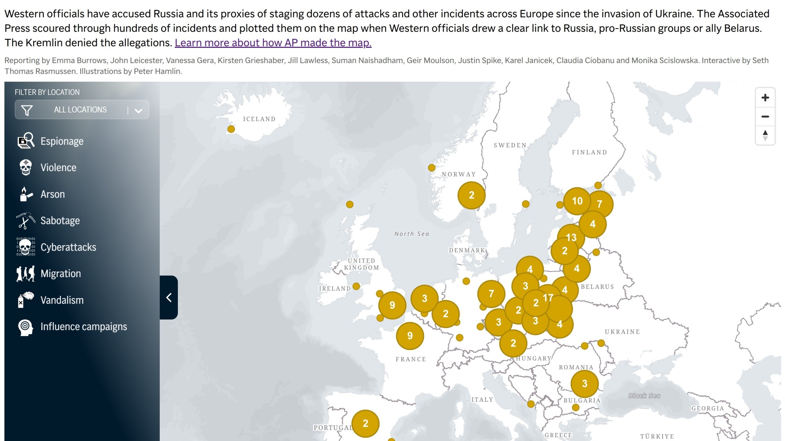 A map of disruption and sabotage staged by Russia, according to Western officials. (AP Digital Embed)
