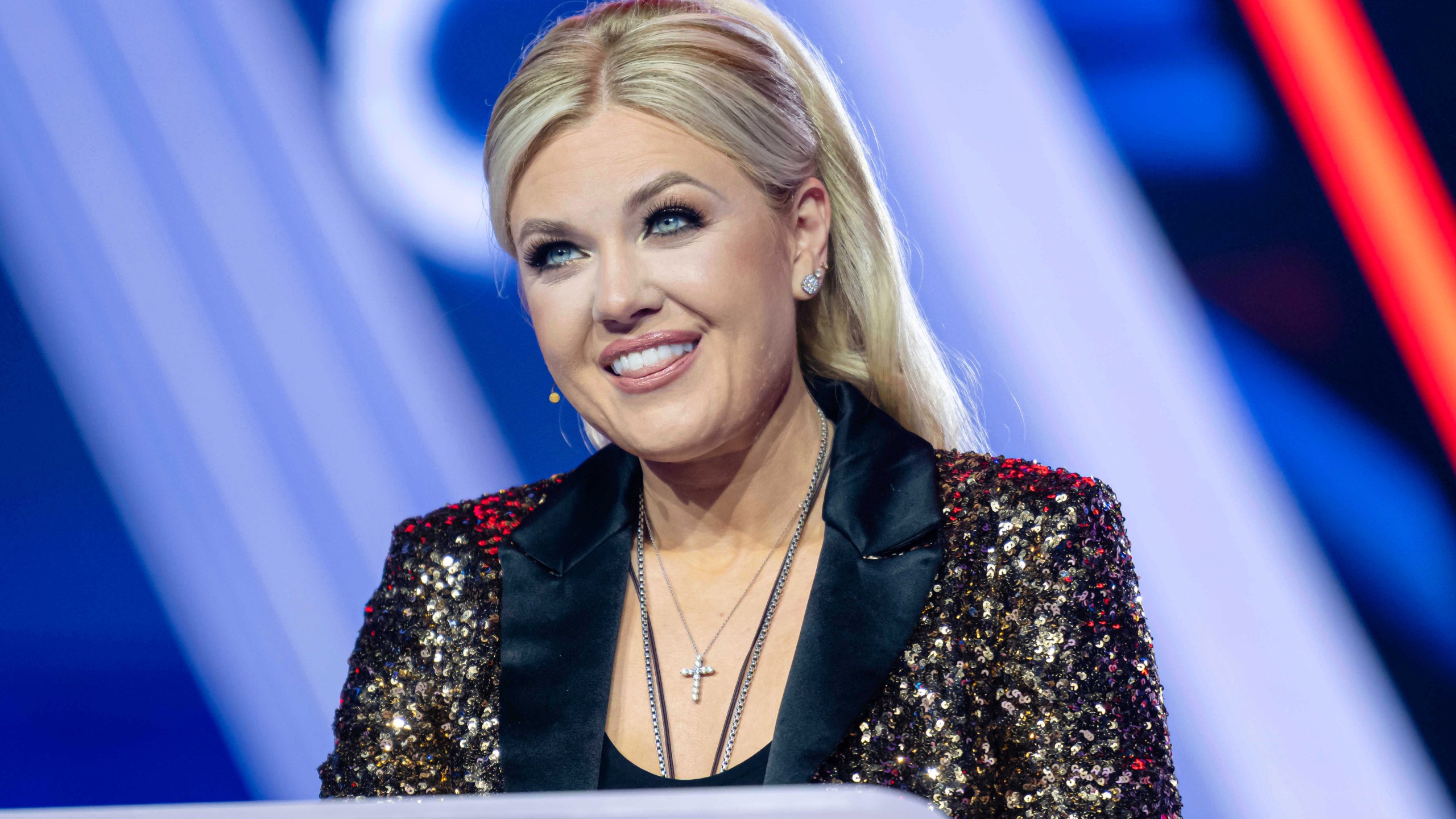 Erika Kirk speaks during Turning Point USA's AmericaFest 2025, Thursday, Dec. 18, 2025, in Phoenix. (AP Photo/Jon Cherry)