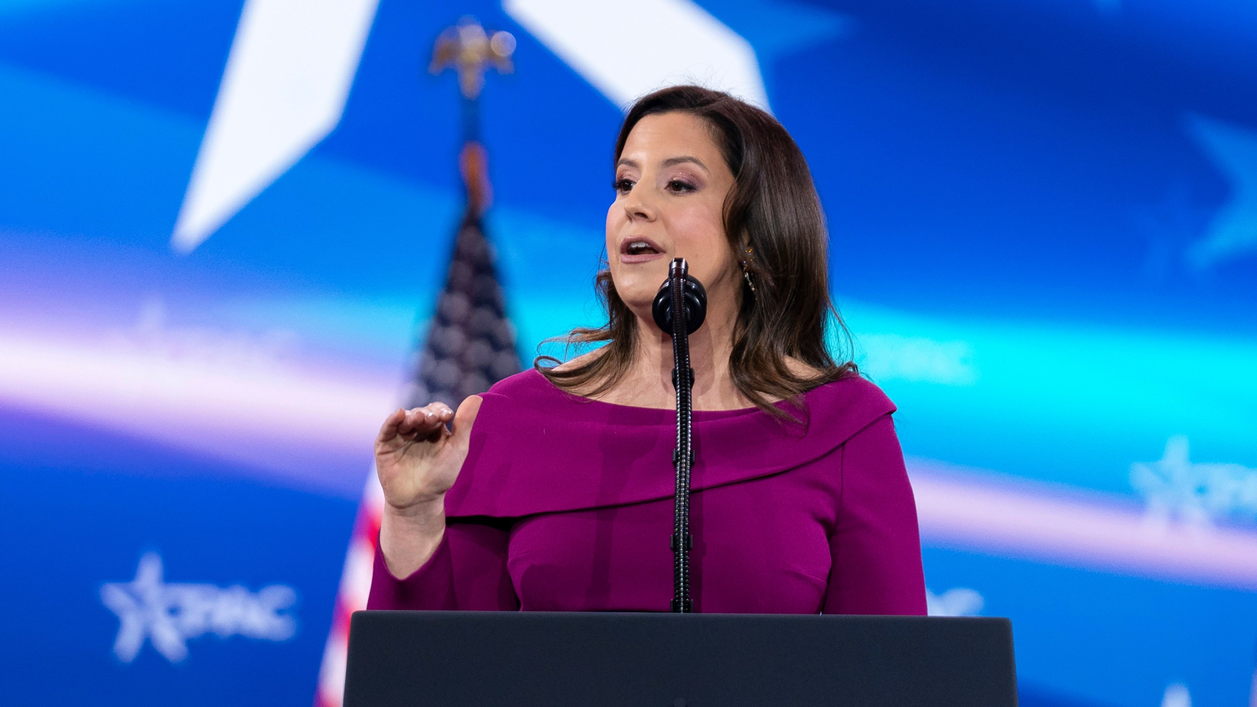 FILE - Rep. Elise Stefanik, R-NY., speaks at the Conservative Political Action Conference, CPAC, at the Gaylord National Resort & Convention Center, Feb. 22, 2025, in Oxon Hill, Md. (AP Photo/Jose Luis Magana, File)