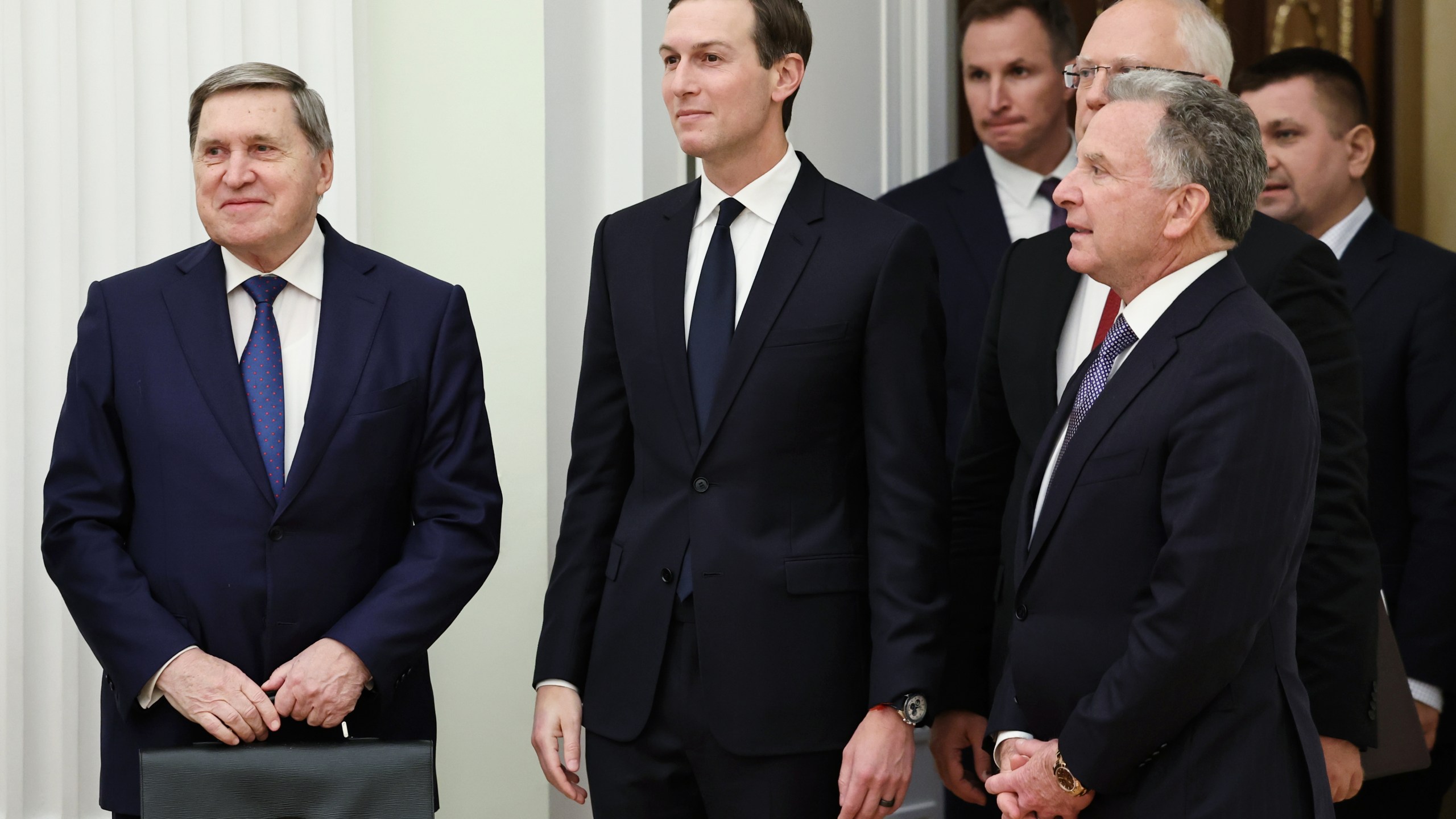 FILE - Russian Presidential foreign policy adviser Yuri Ushakov, left, U.S. President Donald Trump's son-in-law Jared Kushner, center, U.S. special envoy Steve Witkoff, foreground right, and Russian Direct Investment Fund CEO Special Presidential Representative for Investment and Economic Cooperation with Foreign Countries Kirill Dmitriev, behind Witkoff, arrive to attend talks with Russian President Vladimir Putin at the Senate Palace of the Kremlin in Moscow, Russia, Dec. 2, 2025. (Alexander Kazakov, Sputnik, Kremlin Pool Photo via AP, File)