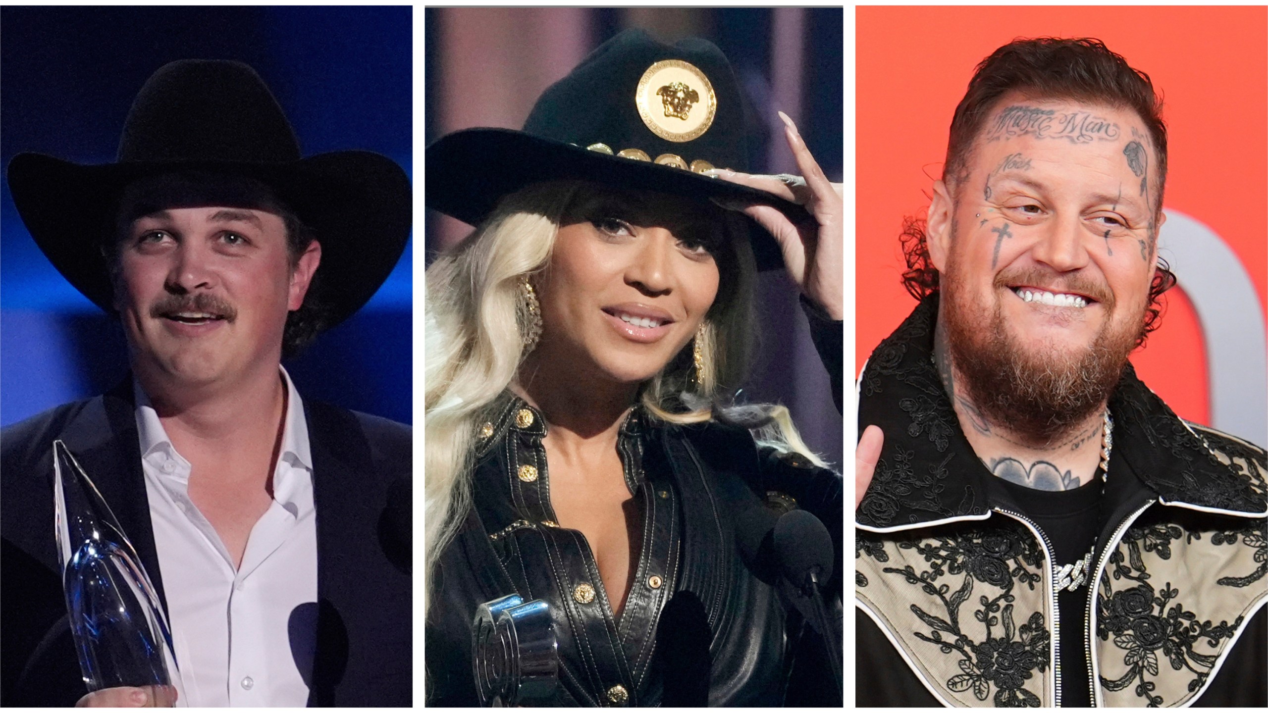This photo combo shows from left, Zach Top, Beyonce, and Jelly Roll. (AP Photo/File)
