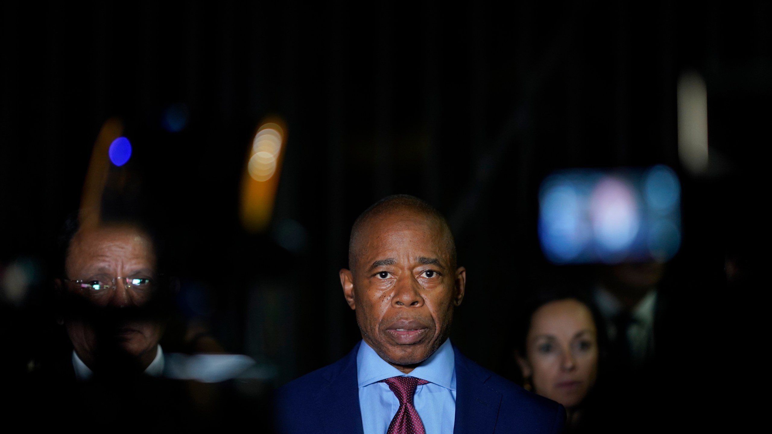 FILE - New York City Mayor Eric Adams talks to the press in front of the Basilica of Our Lady of Guadalupe, Oct. 4, 2023, in Mexico City. (AP Photo/Eduardo Verdugo, File)