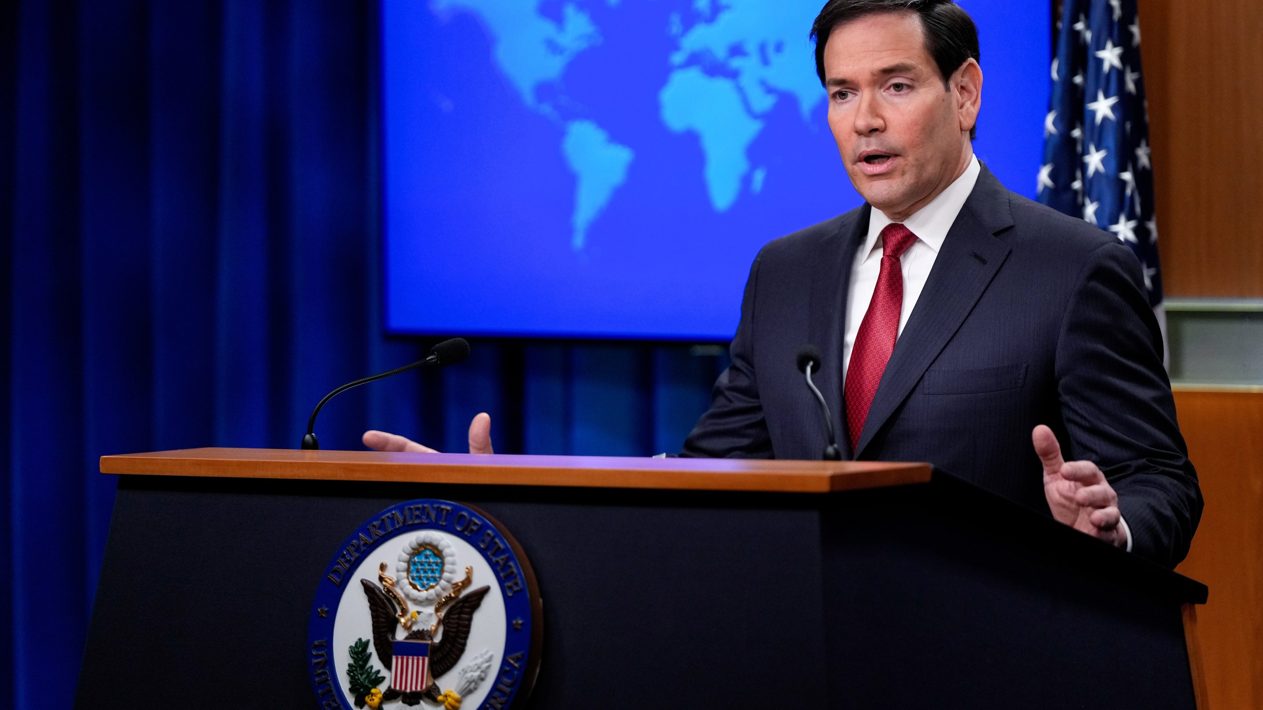 Secretary of State Marco Rubio speaks during a news conference at the State Department, Friday, Dec. 19, 2025, in Washington. (AP Photo/Julia Demaree Nikhinson)