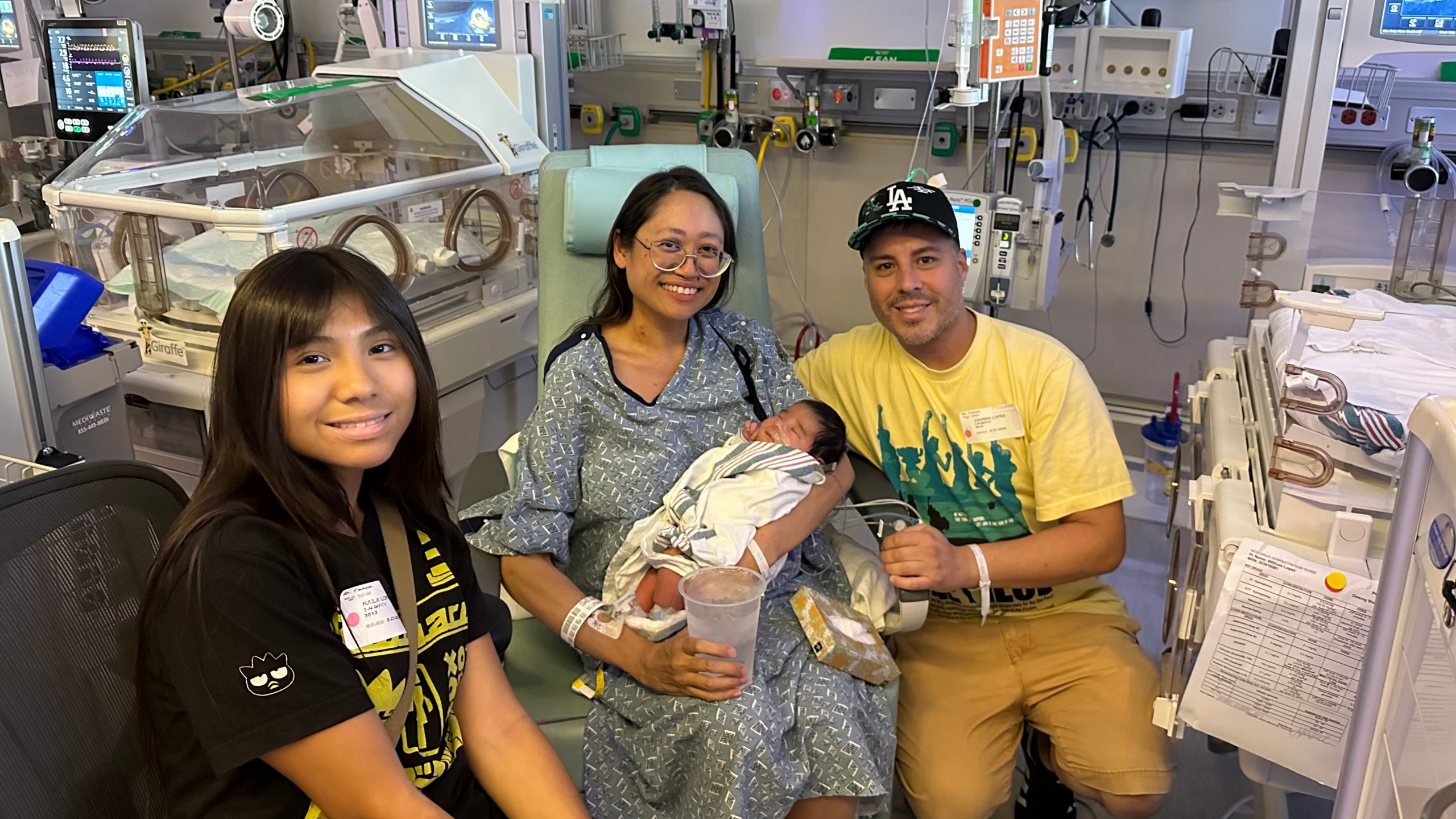 This photo provided by the family shows, from left, Kaila, Suze, Ryu and Andrew Lopez at Cedars-Sinai hospital in Los Angeles in August 2025. (Lopez family via AP)