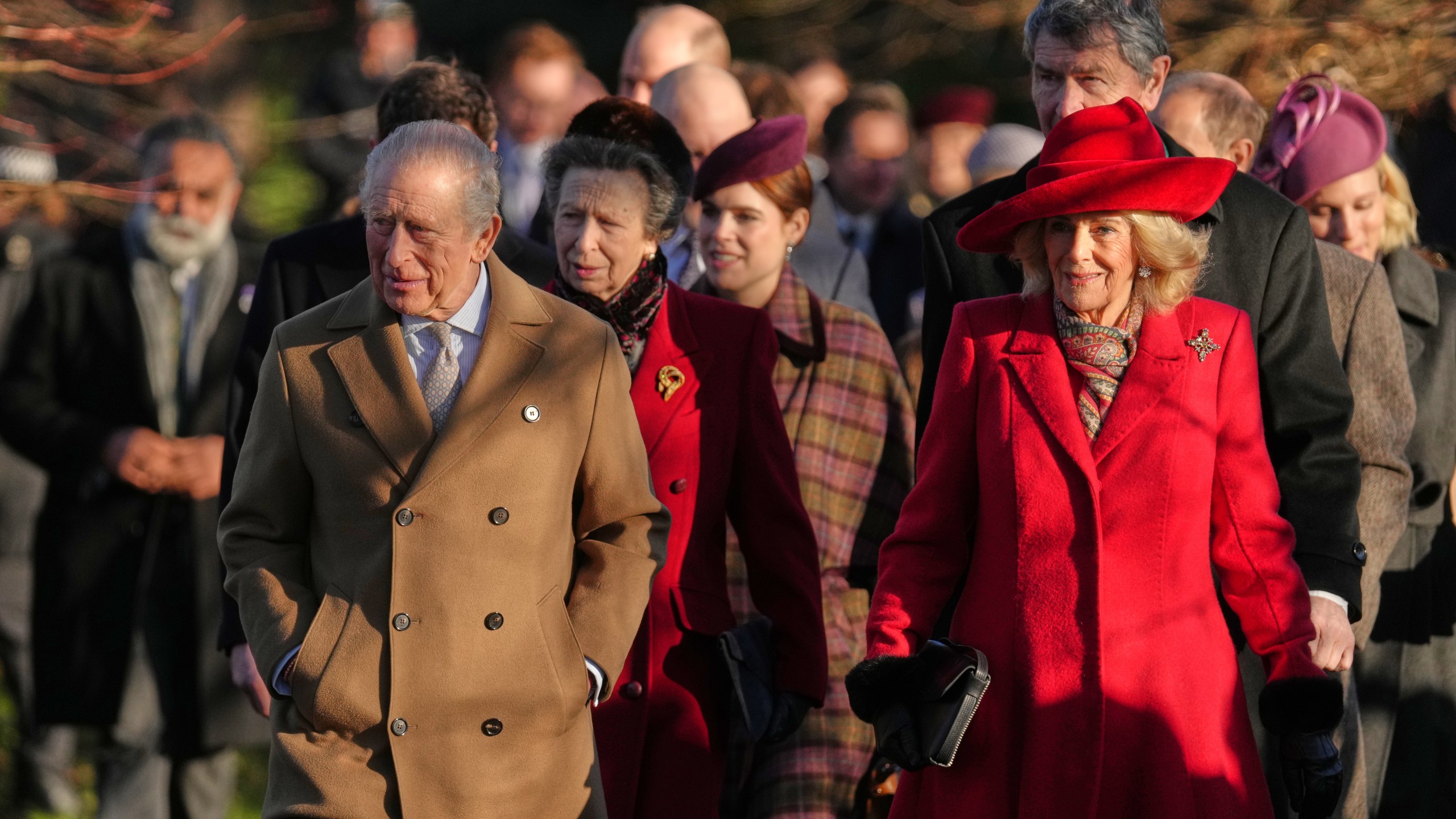 Britain's King Charles III and Queen Camilla arrive to attend the Christmas Day service at St Mary Magdalene Church in Sandringham, Norfolk, England, Thursday, Dec. 25, 2025.(AP Photo/Jon Super)