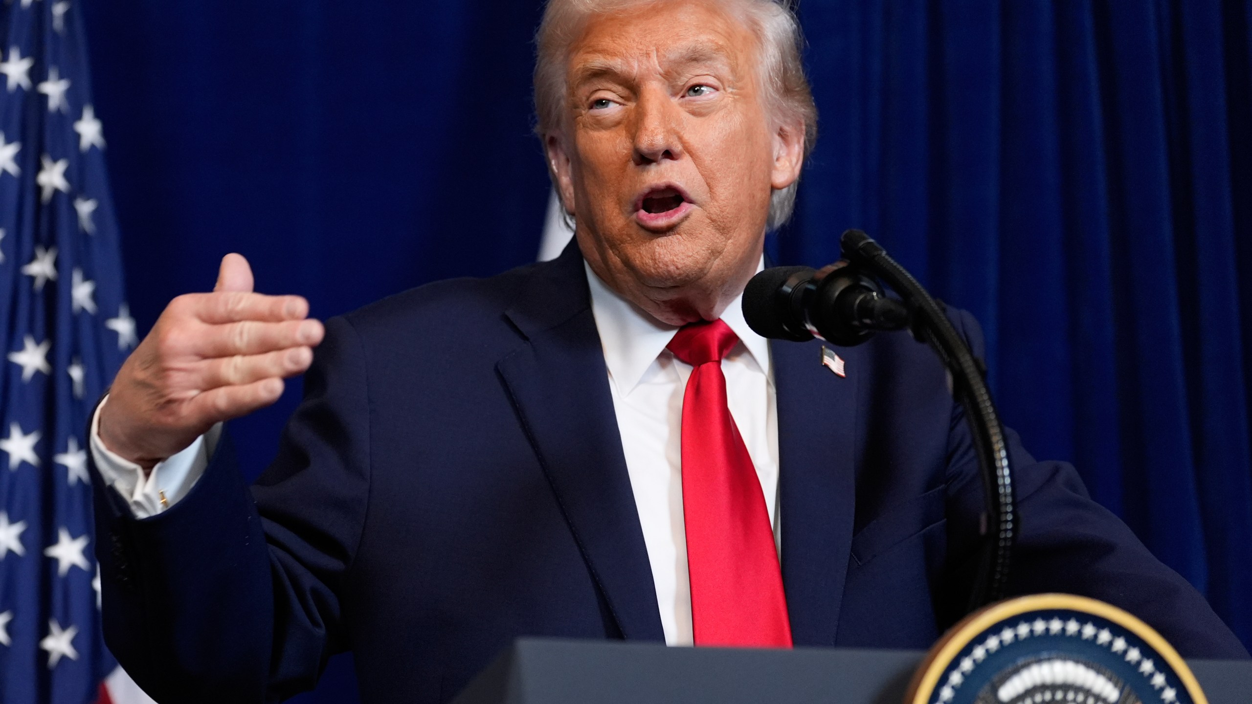 President Donald Trump speaks during a news conference with Israel's Prime Minister Benjamin Netanyahu at Mar-a-Lago, Monday, Dec. 29, 2025, in Palm Beach, Fla. (AP Photo/Alex Brandon)