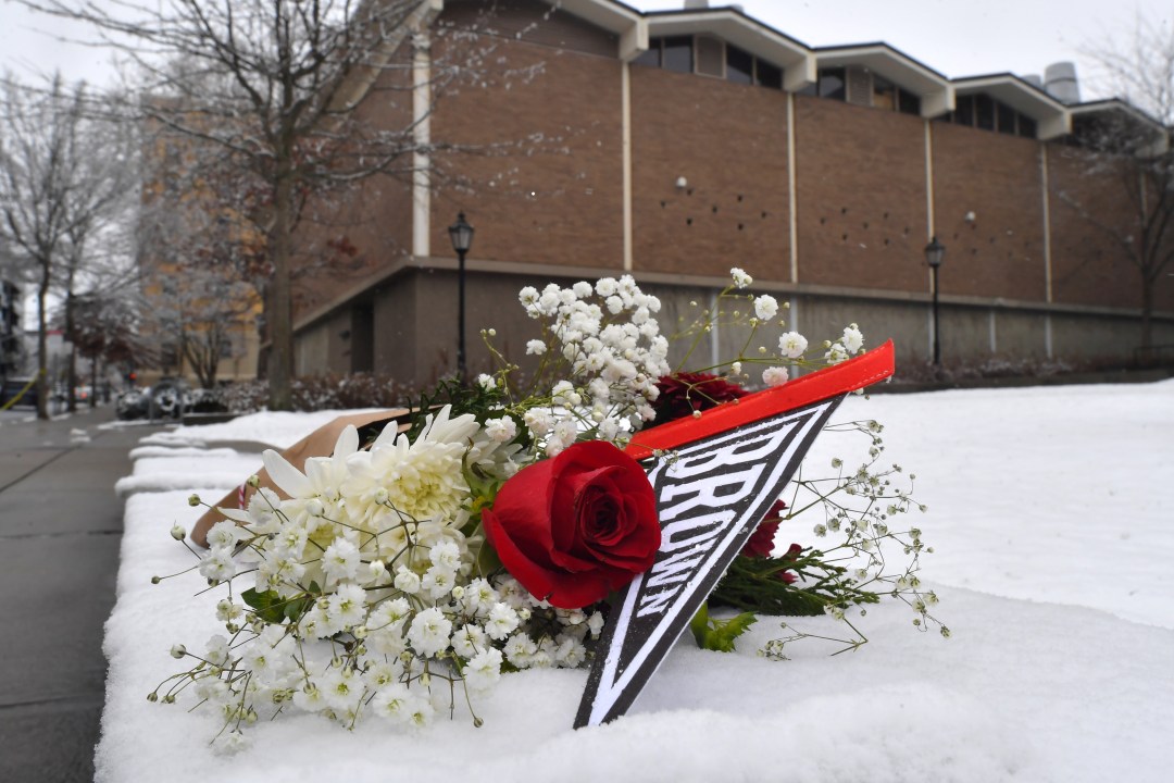 flowers in snow with building in background