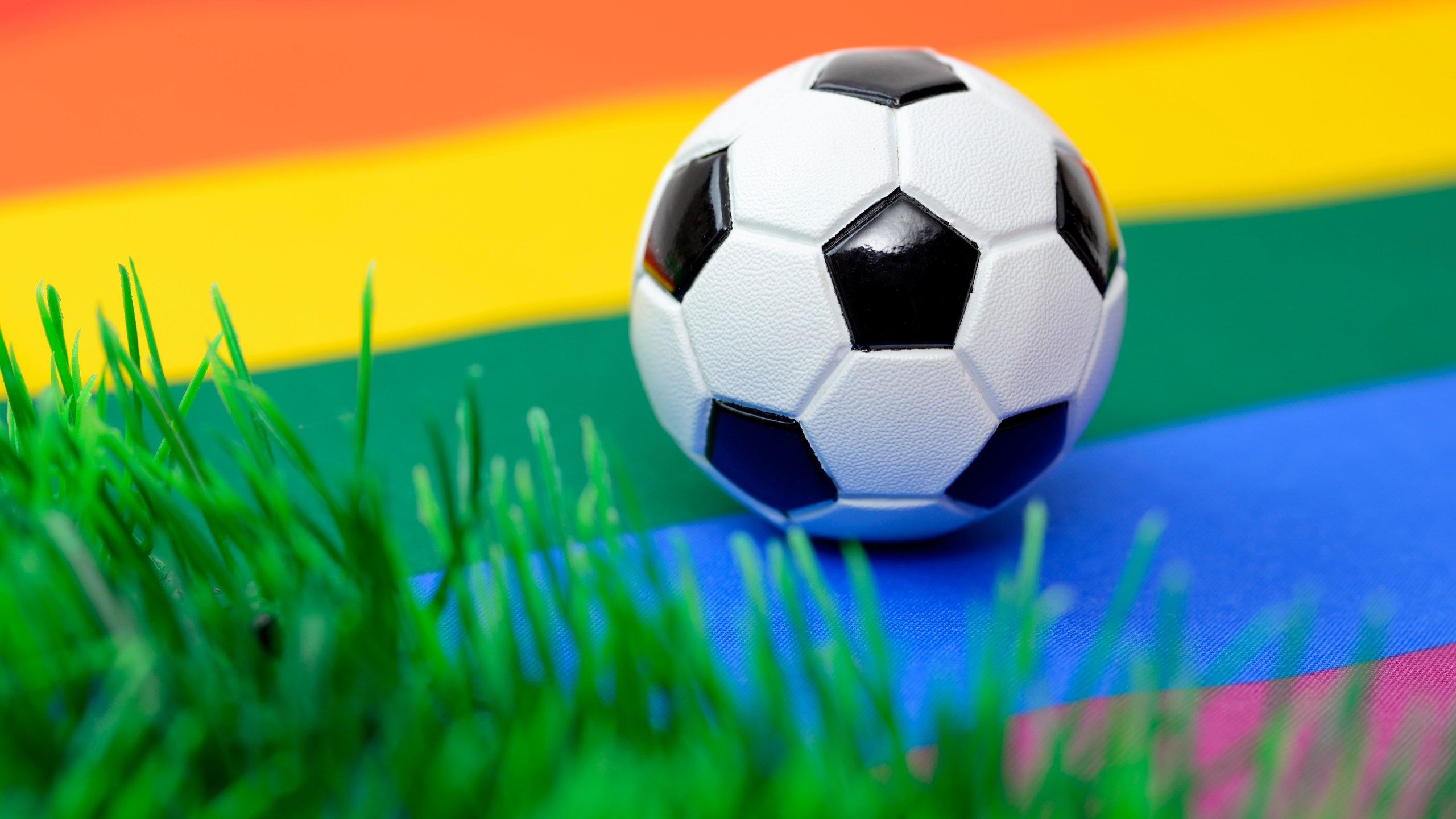 Soccer ball and a rainbow flag