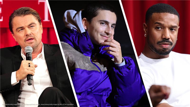 composite of photos of Leonardo DiCaprio, Timothée Chalamet and Michael B Jordan