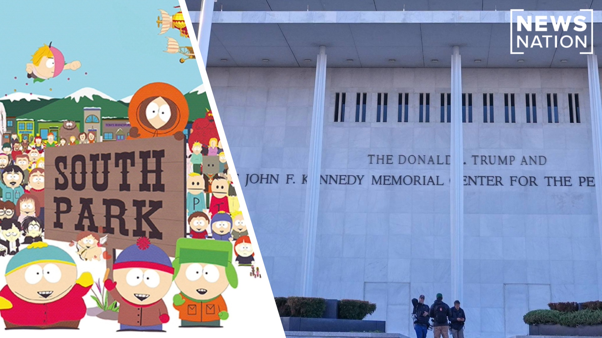 Image shows South Park characters and the front of the Trump Kennedy Center