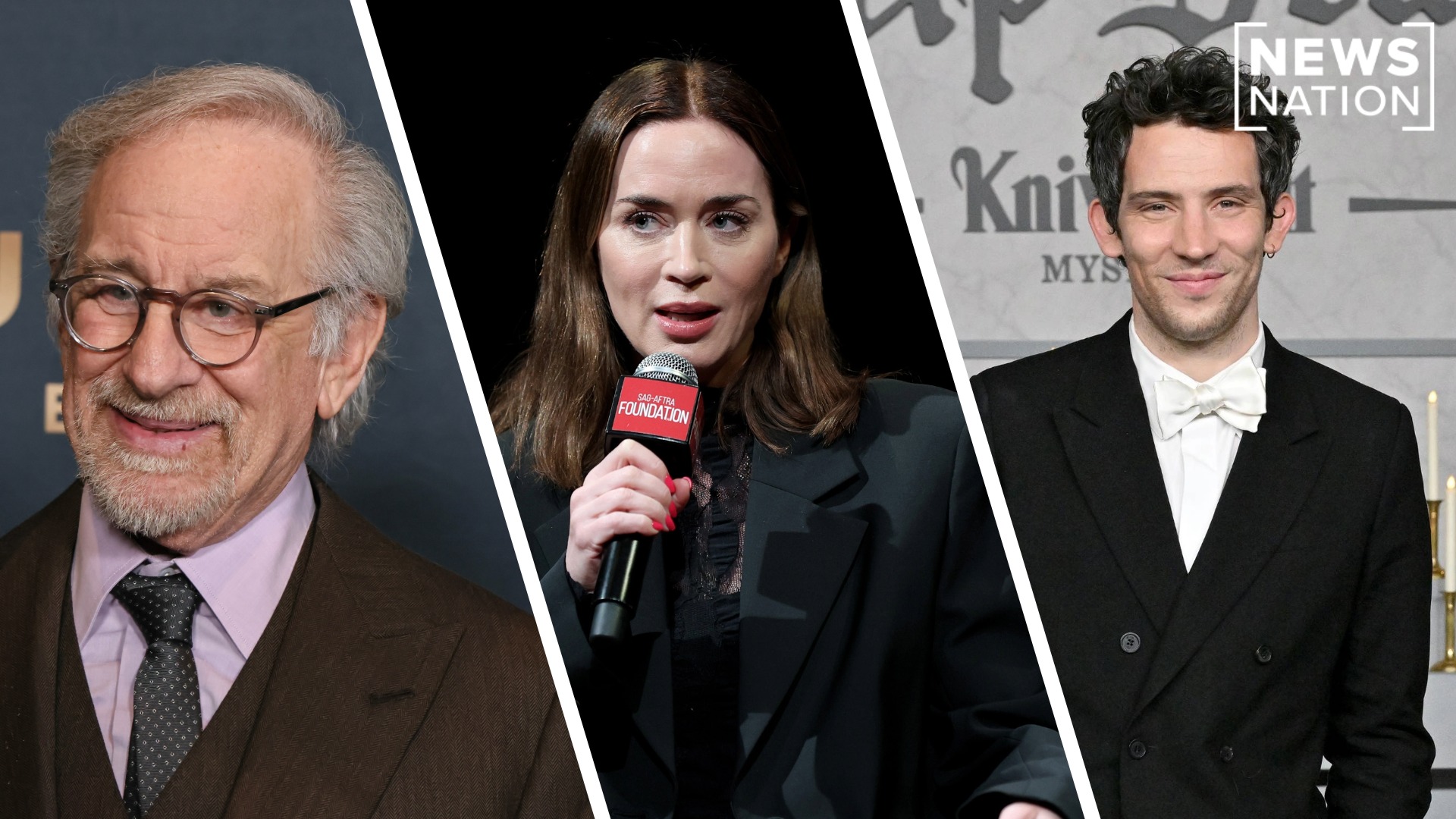 Image shows Steven Spielberg, Emily Blunt, Josh O'Connor (left to right).