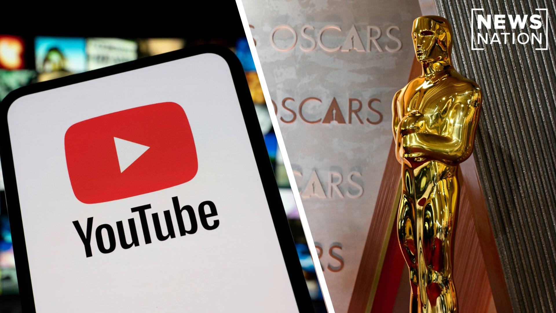 Image shows the YouTube logo next to an image of the Oscars statue.