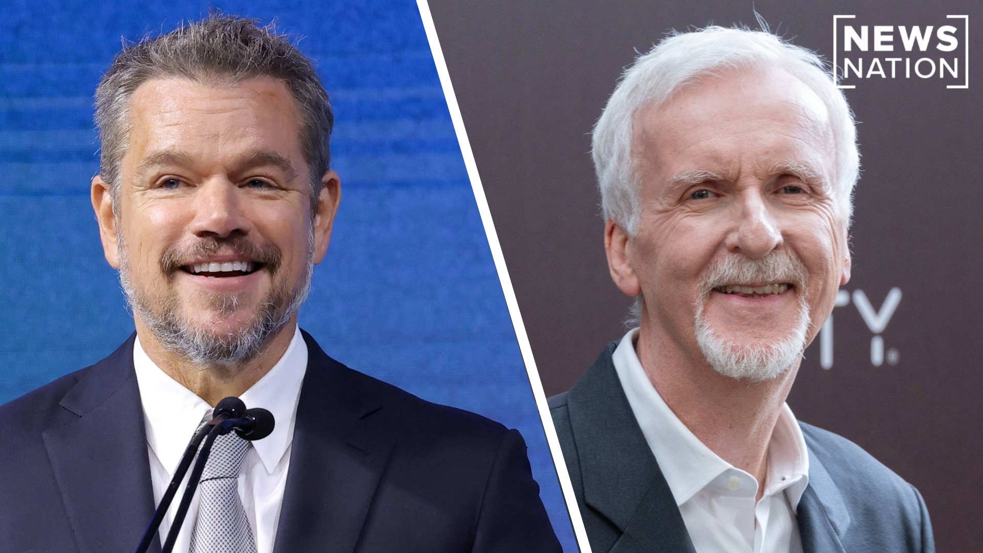 Image shows a side-by-side of actor Matt Damon and director James Cameron