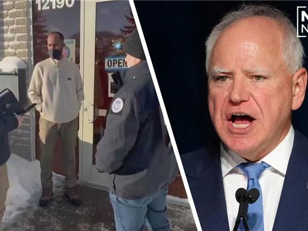 Left: The Department of Homeland Security is going door-to-door as it continues to investigate fraud in Minnesota. Homeland Security Secretary Kristi Noem posted a video showing agents speaking to someone at a local business. (@SEC_Noem). Right: Gov. Tim Walz (AP)