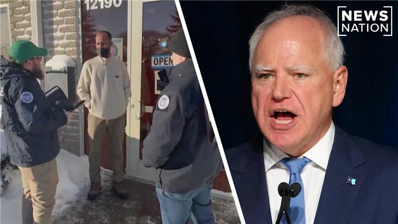 Left: The Department of Homeland Security is going door-to-door as it continues to investigate fraud in Minnesota. Homeland Security Secretary Kristi Noem posted a video showing agents speaking to someone at a local business. (@SEC_Noem). Right: Gov. Tim Walz (AP)