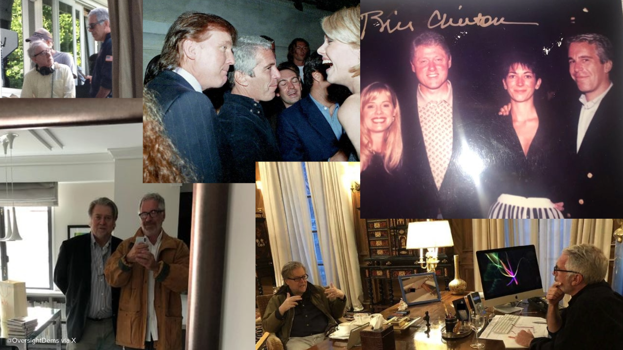 A collage of photos featuring a range of notable figures including Trump, Clinton and Epstein