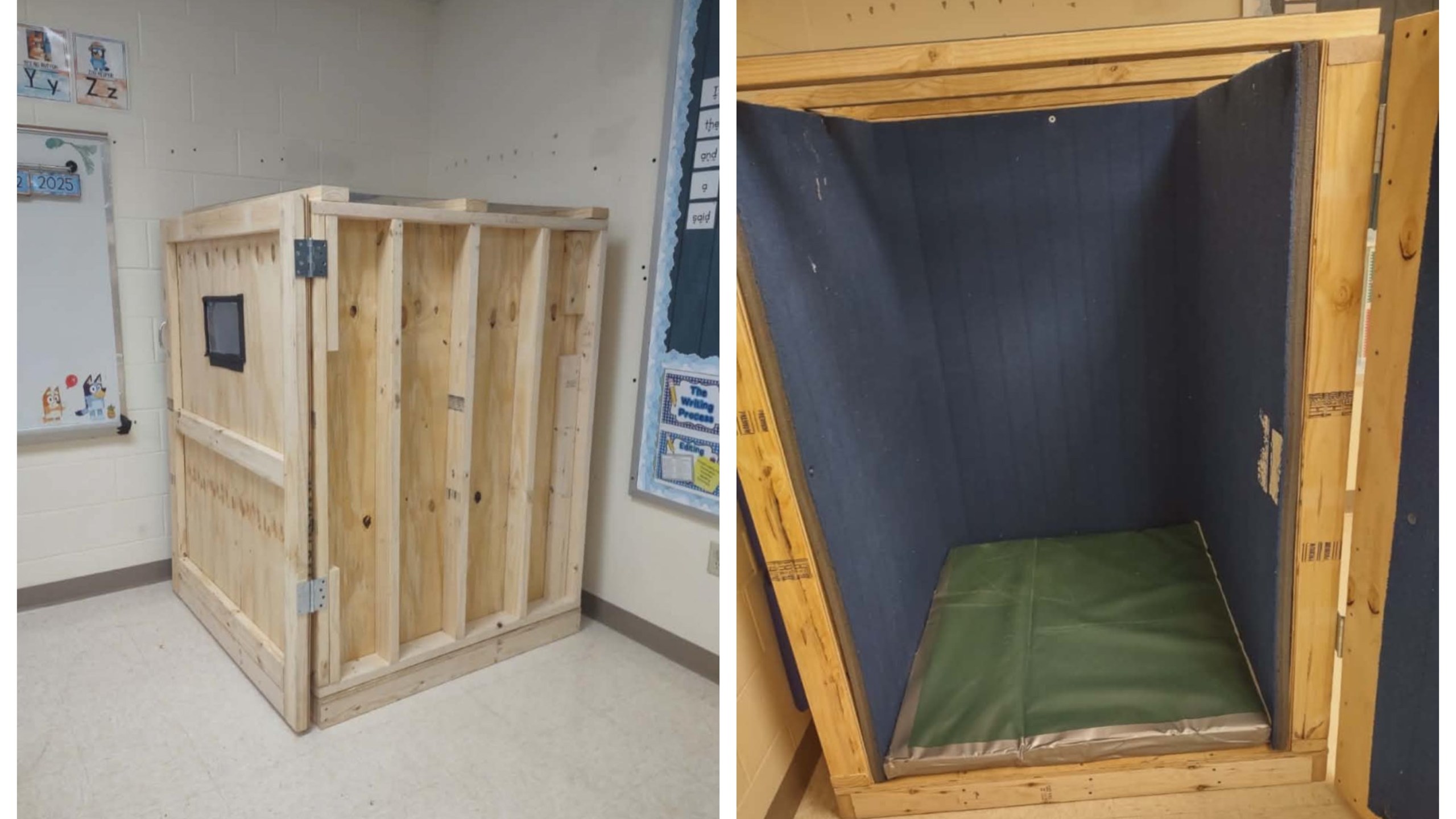 a wooden box is seen with a padded interior