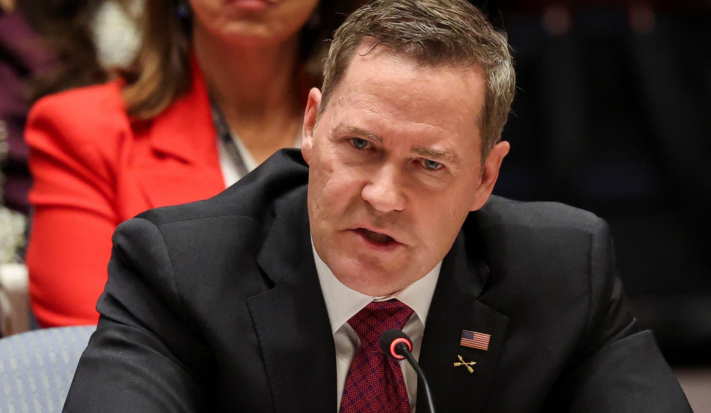 Mike Waltz speaks into a UN microphone