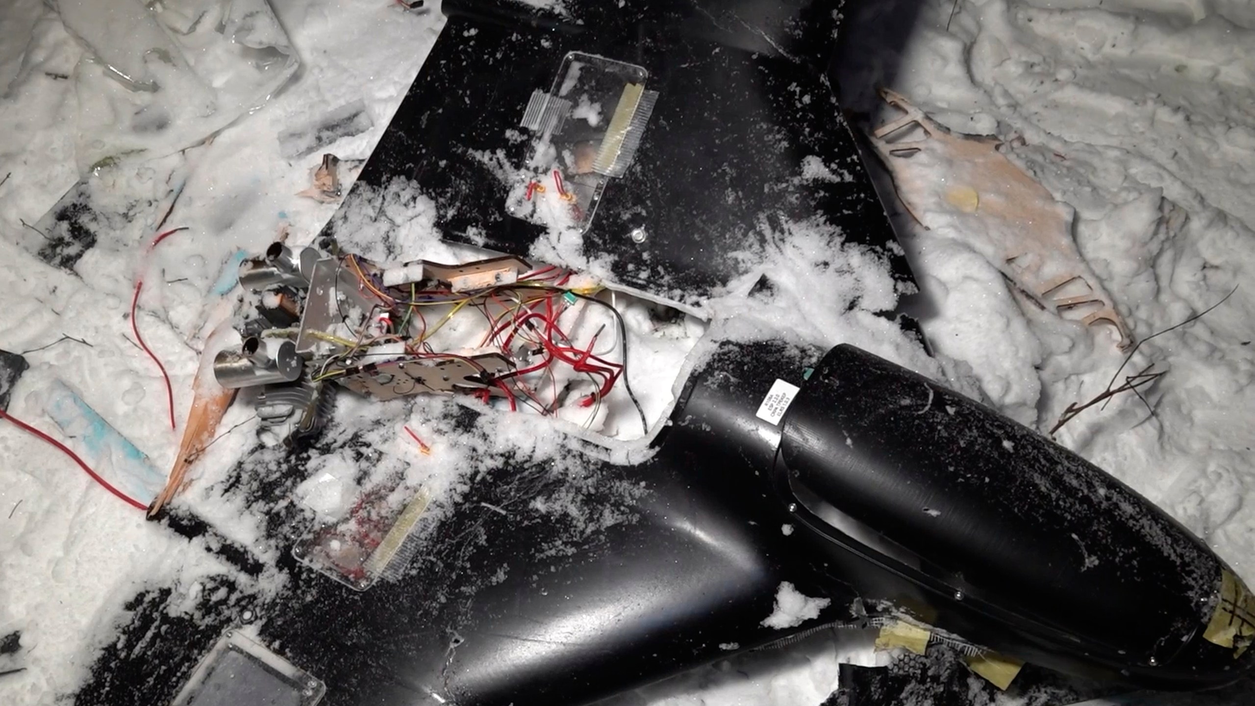 This image made from undated video provided by the Russian Defense Ministry Press Service on Wednesday, Dec. 31, 2025, shows a downed drone at an undisclosed location that it said was one of the Ukrainian drones involved in an alleged attack on a residence of President Vladimir Putin this week – a claim Kyiv has denied as a "lie". (Russian Defense Ministry Press Service via AP)