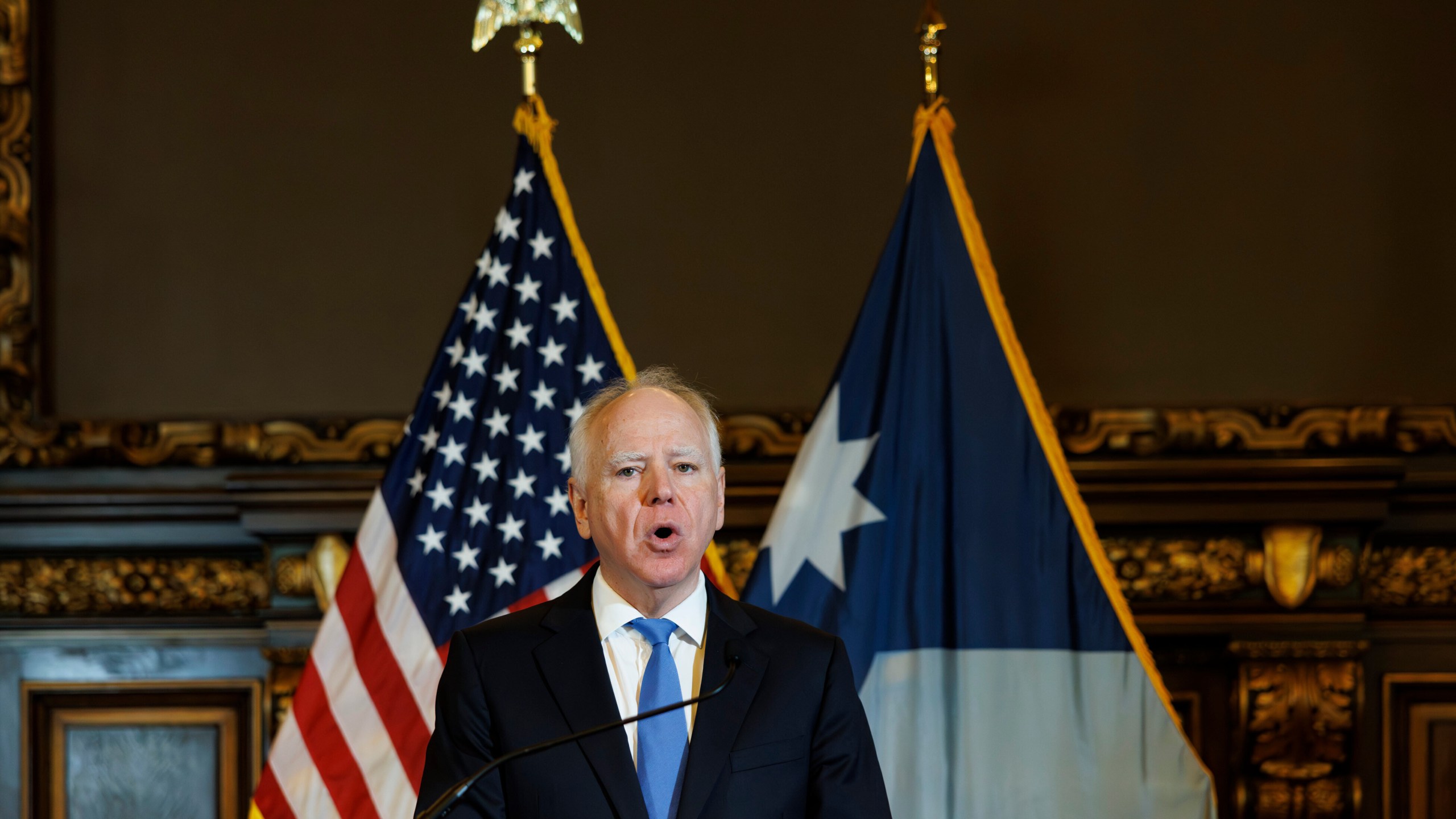 Minnesota Gov. Tim Walz holds a news conference at the Minnesota State Capitol on Monday, Jan. 5, 2026, in St. Paul, Minn. (Kerem Yücel/Minnesota Public Radio via AP)