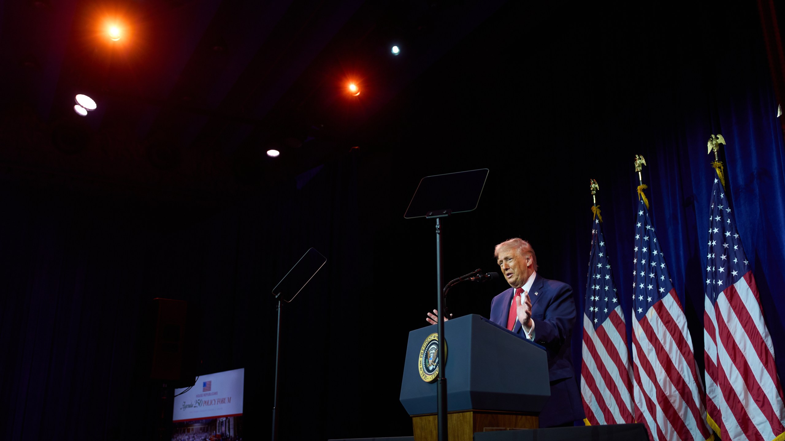 President Donald Trump speaks to House Republican lawmakers during their annual policy retreat, Tuesday, Jan. 6, 2026, in Washington. (AP Photo/Evan Vucci)
