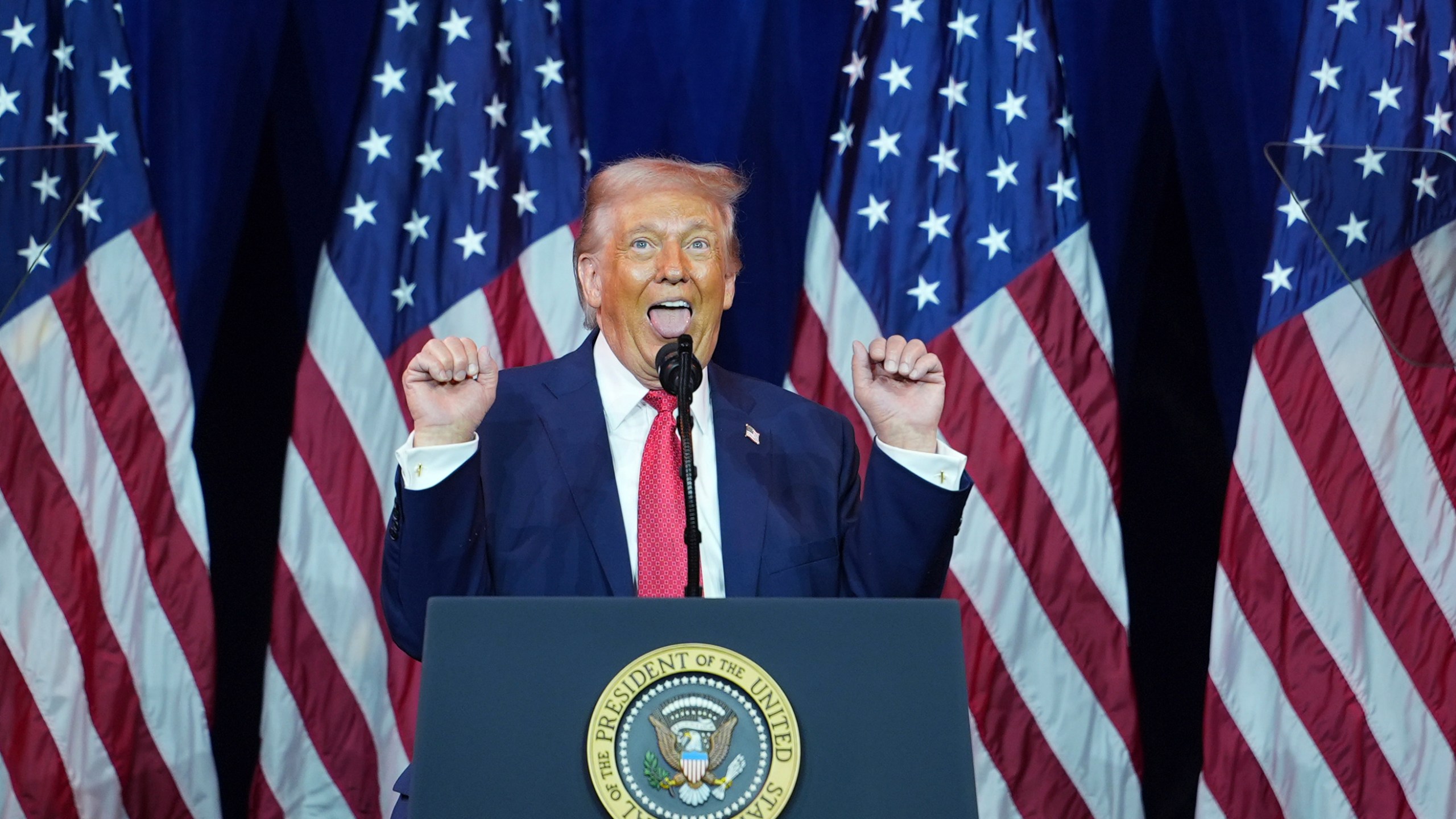 President Donald Trump speaks to House Republican lawmakers during their annual policy retreat, Tuesday, Jan. 6, 2026, in Washington. (AP Photo/Evan Vucci)
