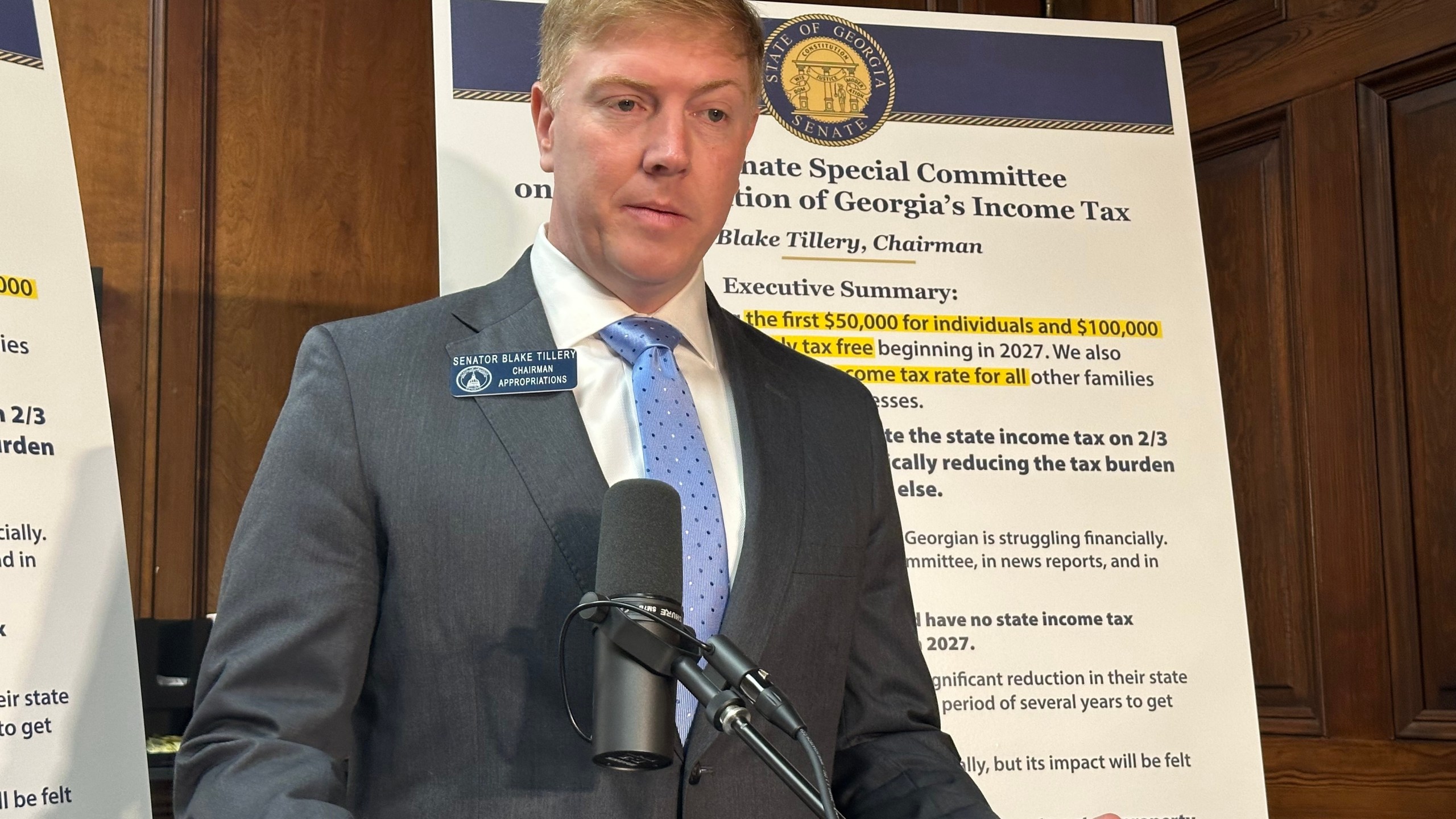 Georgia State Sen. Blake Tillery, R-Vidalia, speaks to reporters about a proposal to eliminate the state's personal income tax on Wednesday, Jan. 7, 2026, at the Capitol in Atlanta. (AP Photo/Jeff Amy)