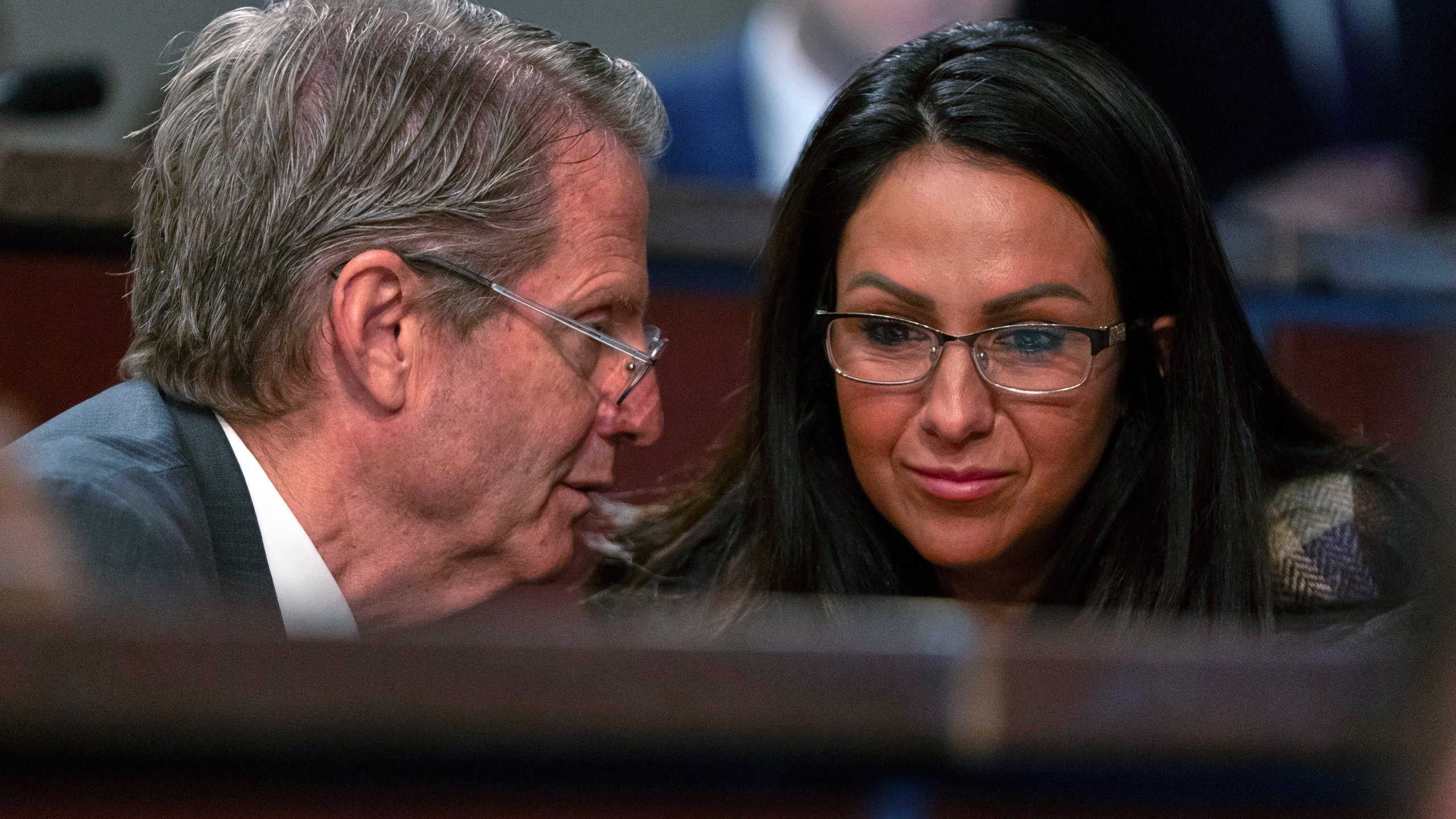 Rep. Tim Burchett, R-Tenn., left, speaks with Rep. Lauren Boebert, R-Colo., during a hearing of the House Committee on Oversight and Government Reform on Capitol Hill, Wednesday, Jan. 7, 2026, in Washington. (AP Photo/Mark Schiefelbein)