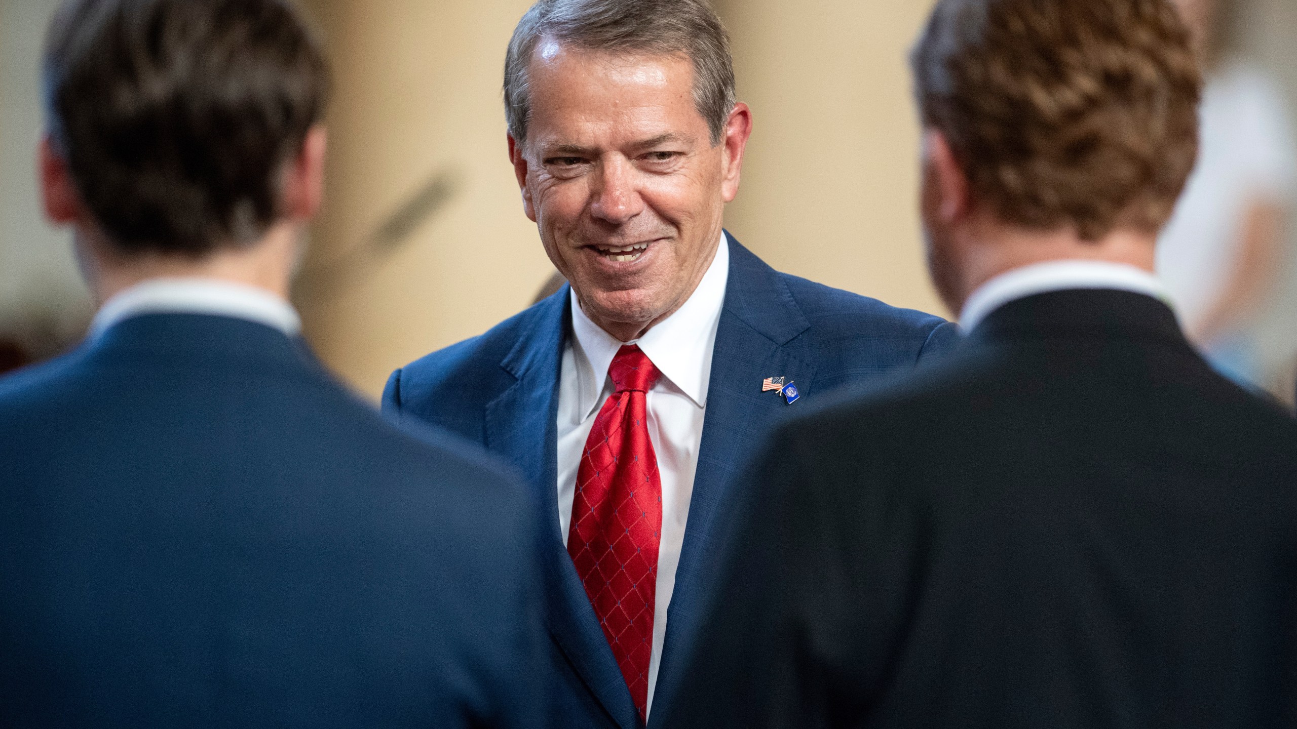 FILE - Nebraska Gov. Jim Pillen greets state senators before giving a speech on June 2, 2025, in Lincoln, Neb. (Justin Wan/Lincoln Journal Star via AP, File)