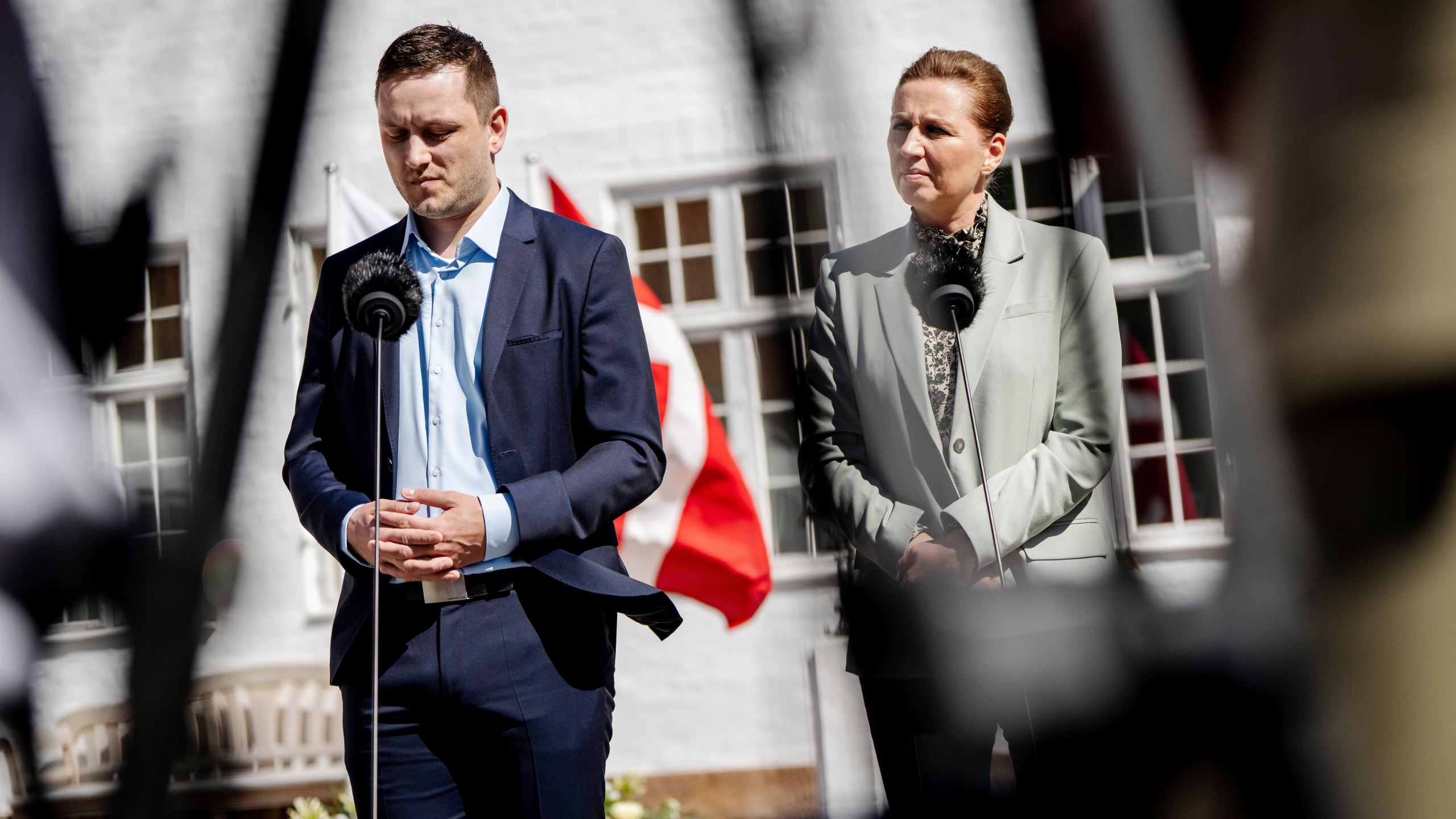 CORRECT THE ORDER OF SPEAKERS, FILE - Denmark's Prime Minister Mette Frederiksen, right, and Greenland's Prime Minister Jens-Frederik Nielsen, left, speak on April 27, 2025, in Marienborg, Denmark. (Mads Claus Rasmussen/Ritzau Scanpix via AP, File)