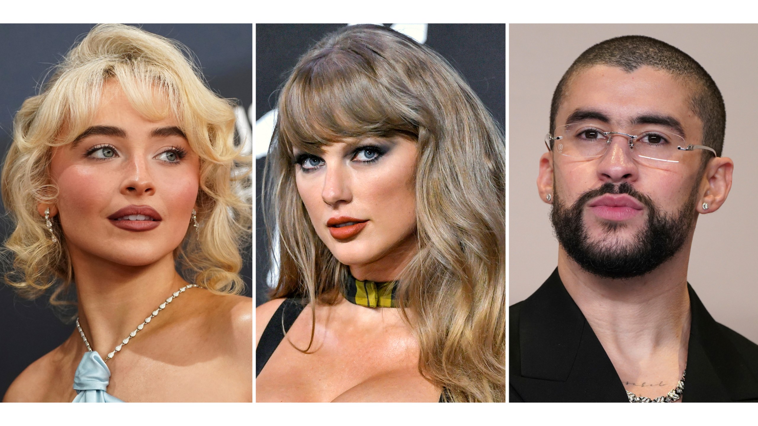 This combination of photos shows Sabrina Carpenter, left, Taylor Swift, center, and Bad Bunny. (AP Photo)