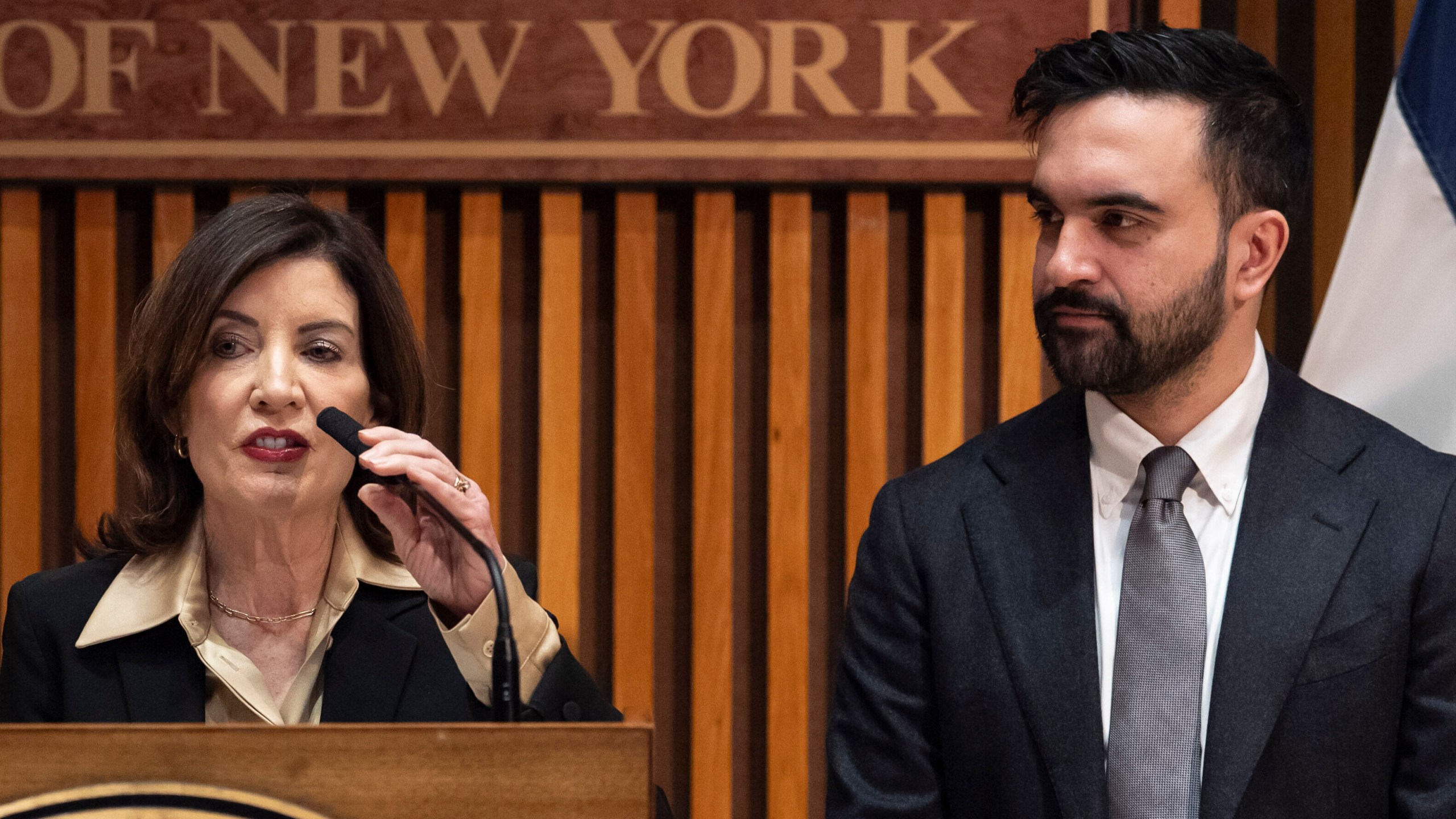 FILE - New York Governor Kathy Hochul speaks during a press conference with New York Mayor Zohran Mamdani and NYPD Commissioner Jessica Tisch, Tuesday, Jan. 6, 2026, in New York. (AP Photo/Yuki Iwamura, File)