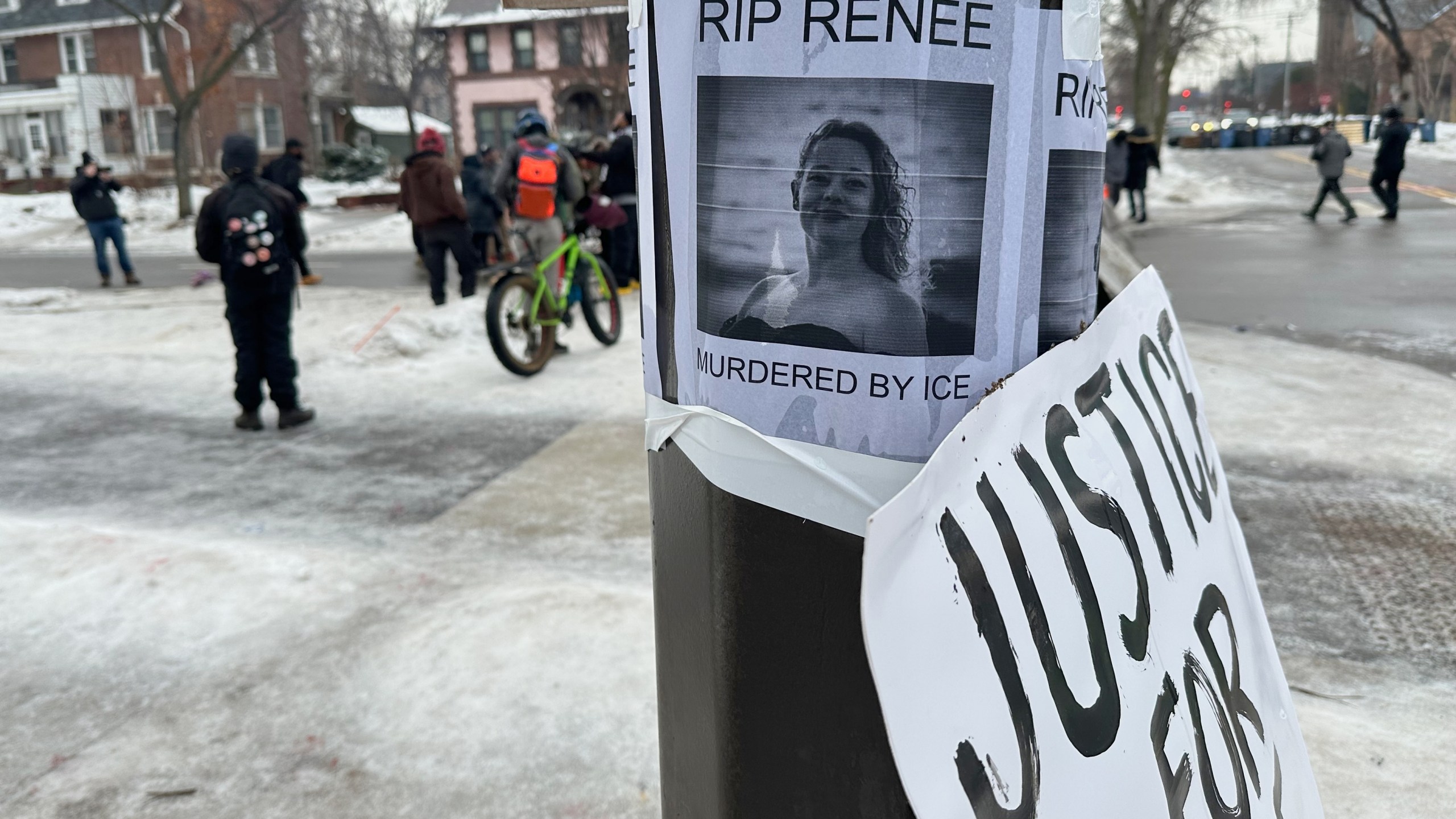 A makeshift memorial honoring the victim of a fatal shooting involving federal law enforcement agents is taped to a post near the site of the previous day's shooting, Thursday, Jan. 8, 2026, in Minneapolis, Minn. (AP Photo/Mike Householder)