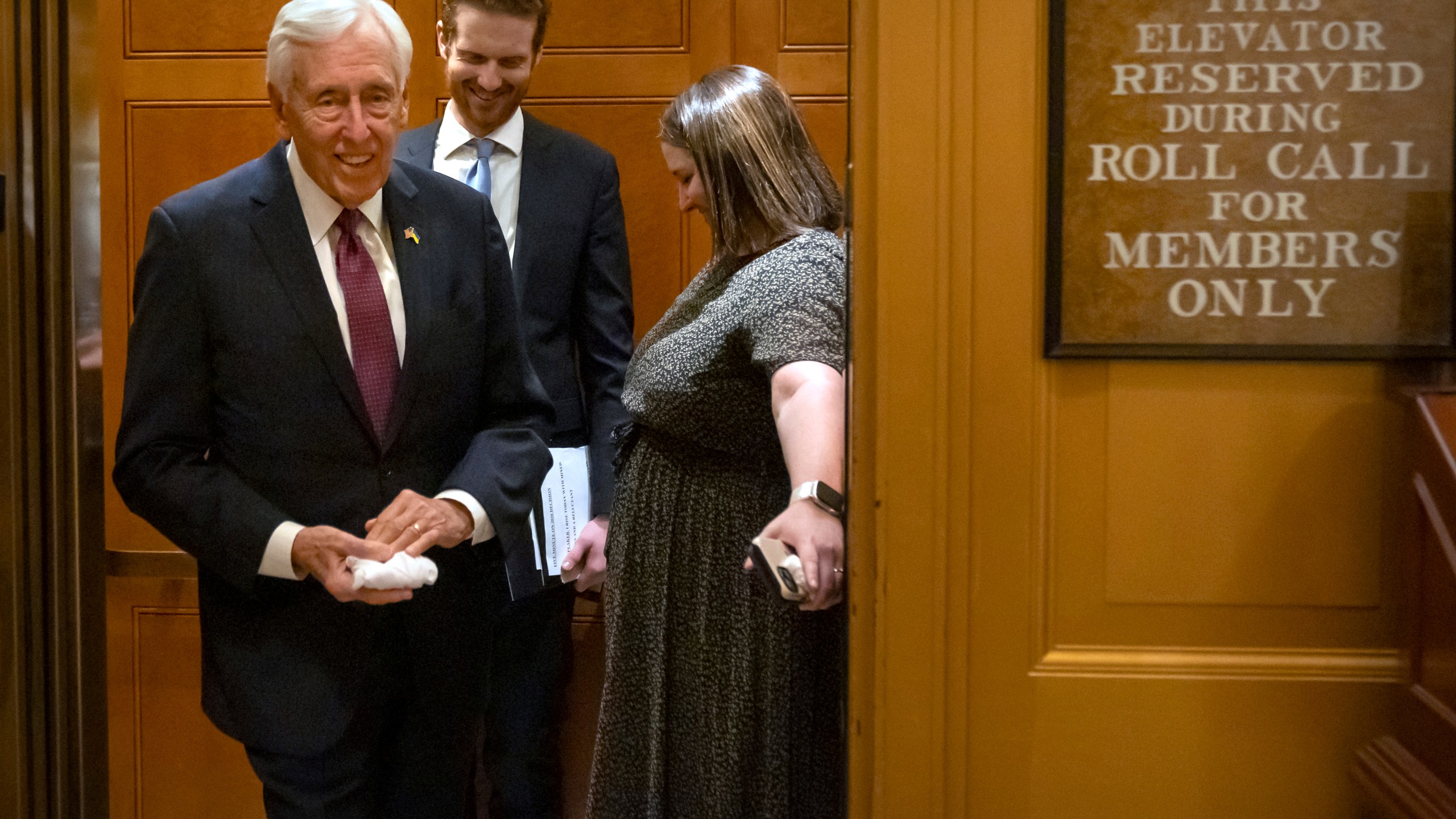 Rep. Steny Hoyer, D-Md., leaves after speaking on the House floor at the Capitol, Thursday, Jan. 8, 2026, in Washington. (AP Photo/Mark Schiefelbein)