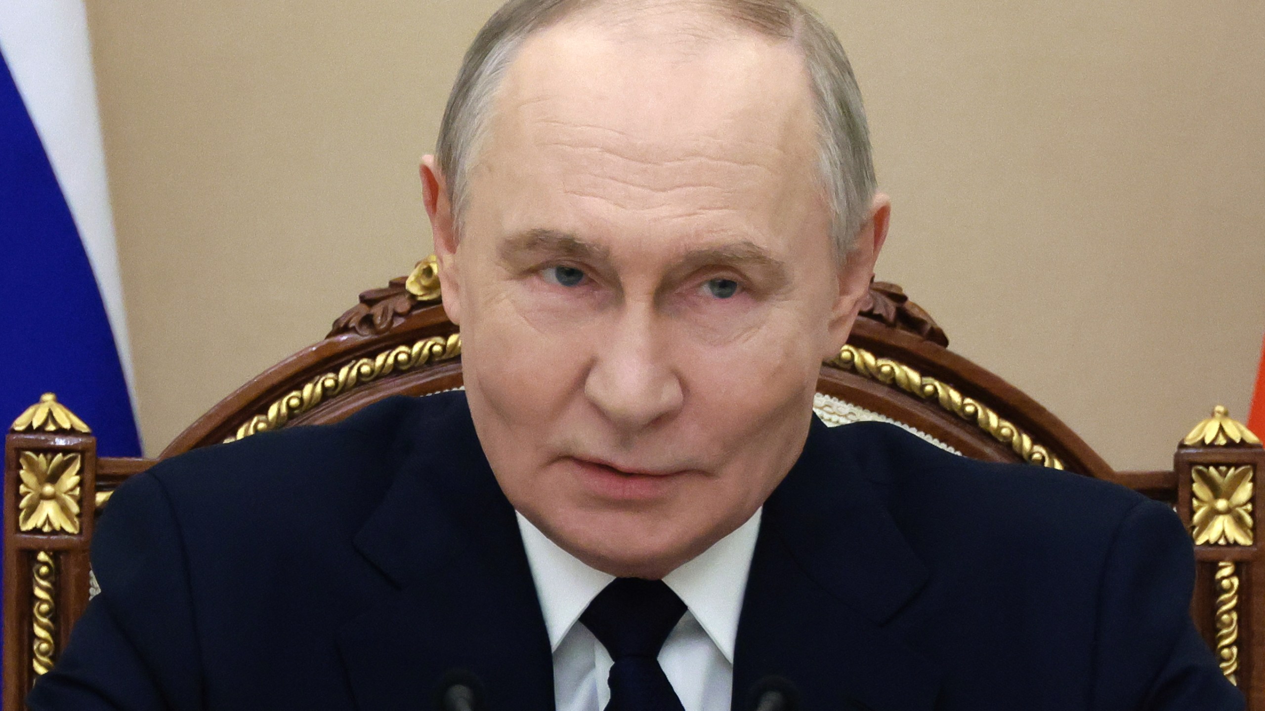 Russian President Vladimir Putin attends a meeting with senior military officers at the Kremlin in Moscow, Russia, Monday, Dec. 29, 2025. (Mikhail Metzel/Sputnik, Kremlin Pool Photo via AP)