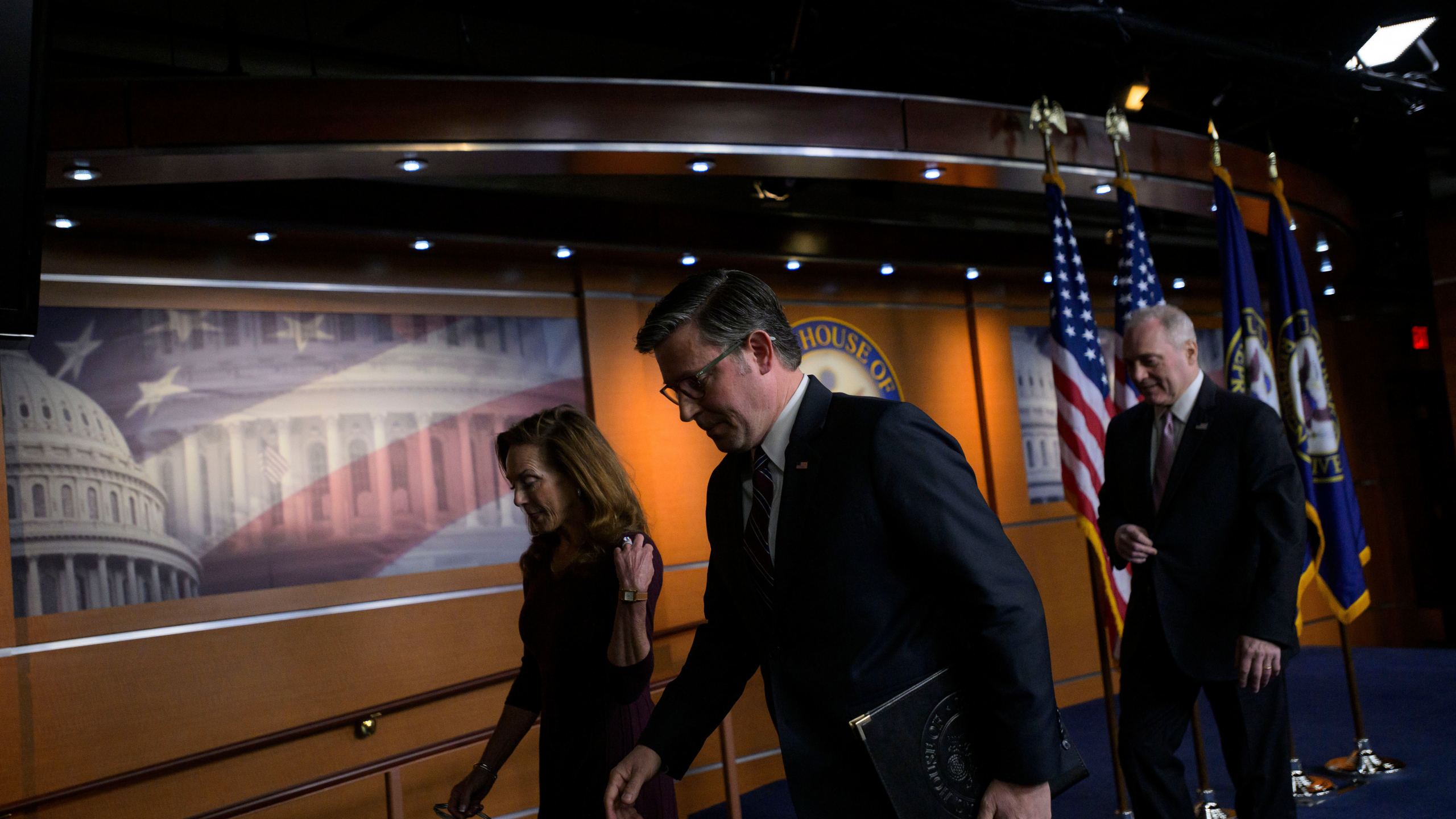 Speaker of the House Mike Johnson, R-La., center, House Republican Conference Chairwoman Lisa McClain, R-Mich., left, and House Majority Leader Steve Scalise, R-La., depart following a news conference at the Capitol, Wednesday, Jan. 7, 2026, in Washington. (AP Photo/Rod Lamkey, Jr.)
