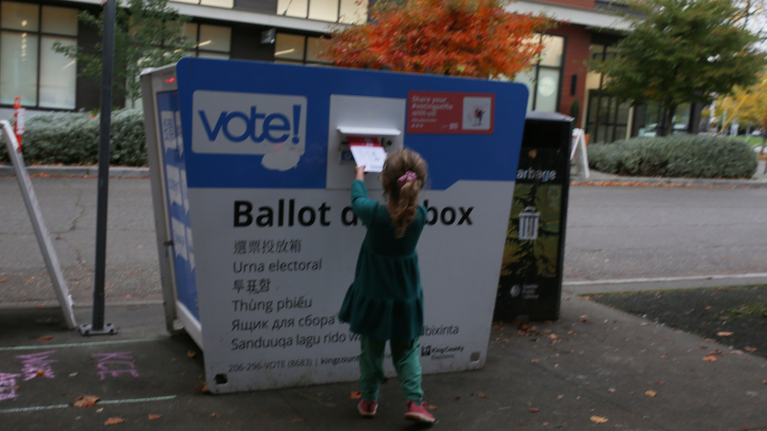 FILE -Olive, 4, deposits an election ballot into a drop box in Seattle, Wash. under the supervision of her mother, on Nov. 4, 2025. (AP Photo/Cedar Attanasio, File)