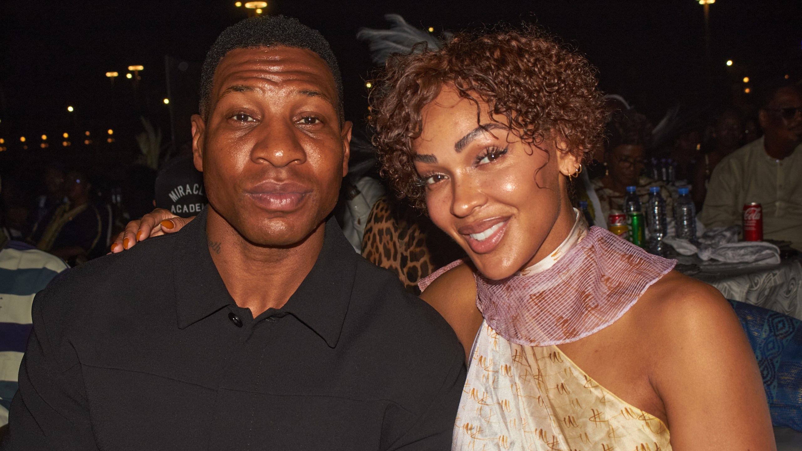 Two Hollywood stars, Jonathan Majors, left, and Meagan Good, attend a private ceremony where they were awarded their Guinean citizenship in Conakry, Guinea, Friday, Jan. 9, 2026. (AP Photo/ Fode Toure)