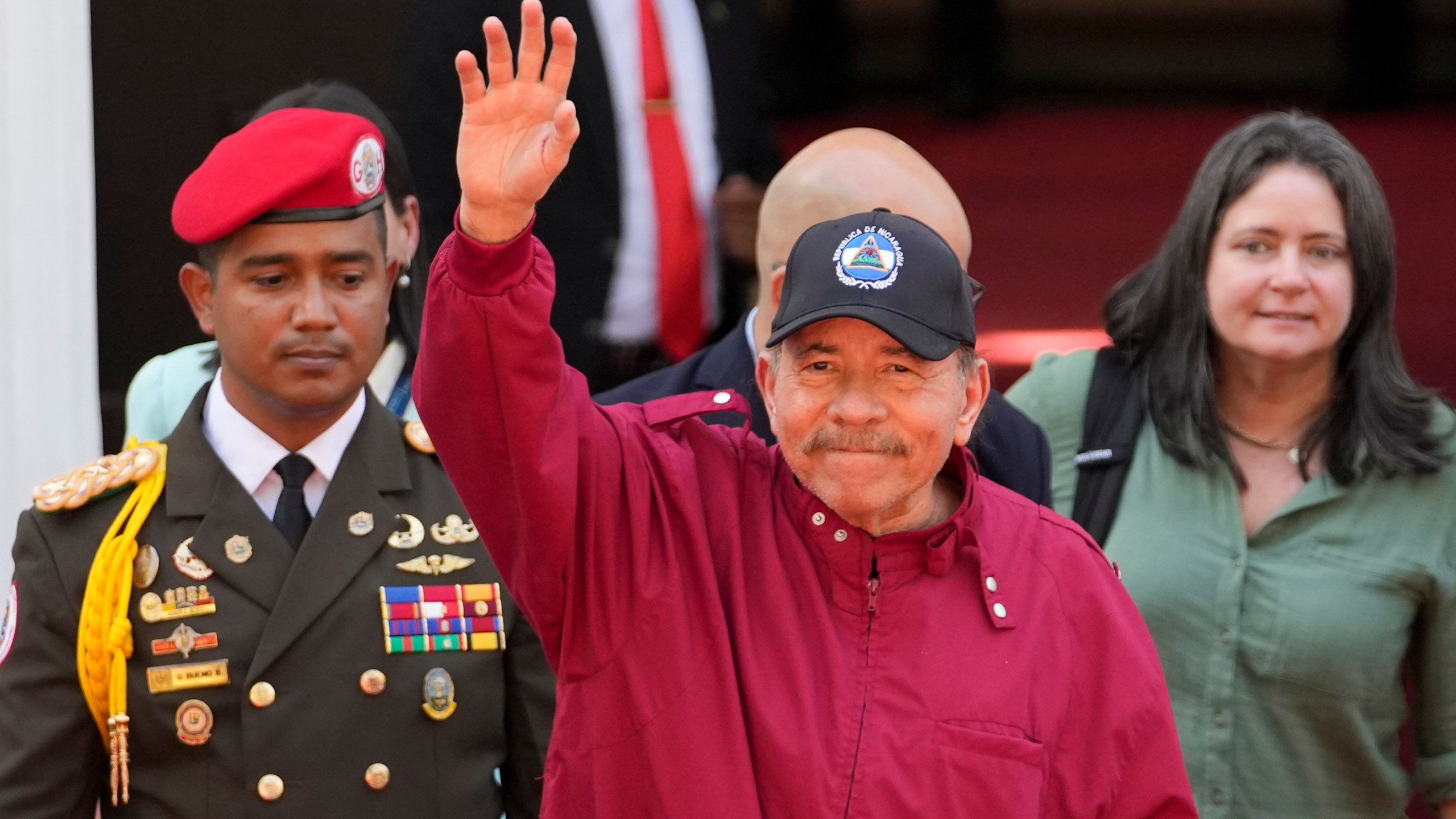 FILE - Nicaragua's President Daniel Ortega waves after attending the swearing-in ceremony of Venezuela's President Nicolas Maduro for a third term at the National Assembly in Caracas, Friday, Jan. 10, 2025. (AP Photo/Matias Delacroix, File)
