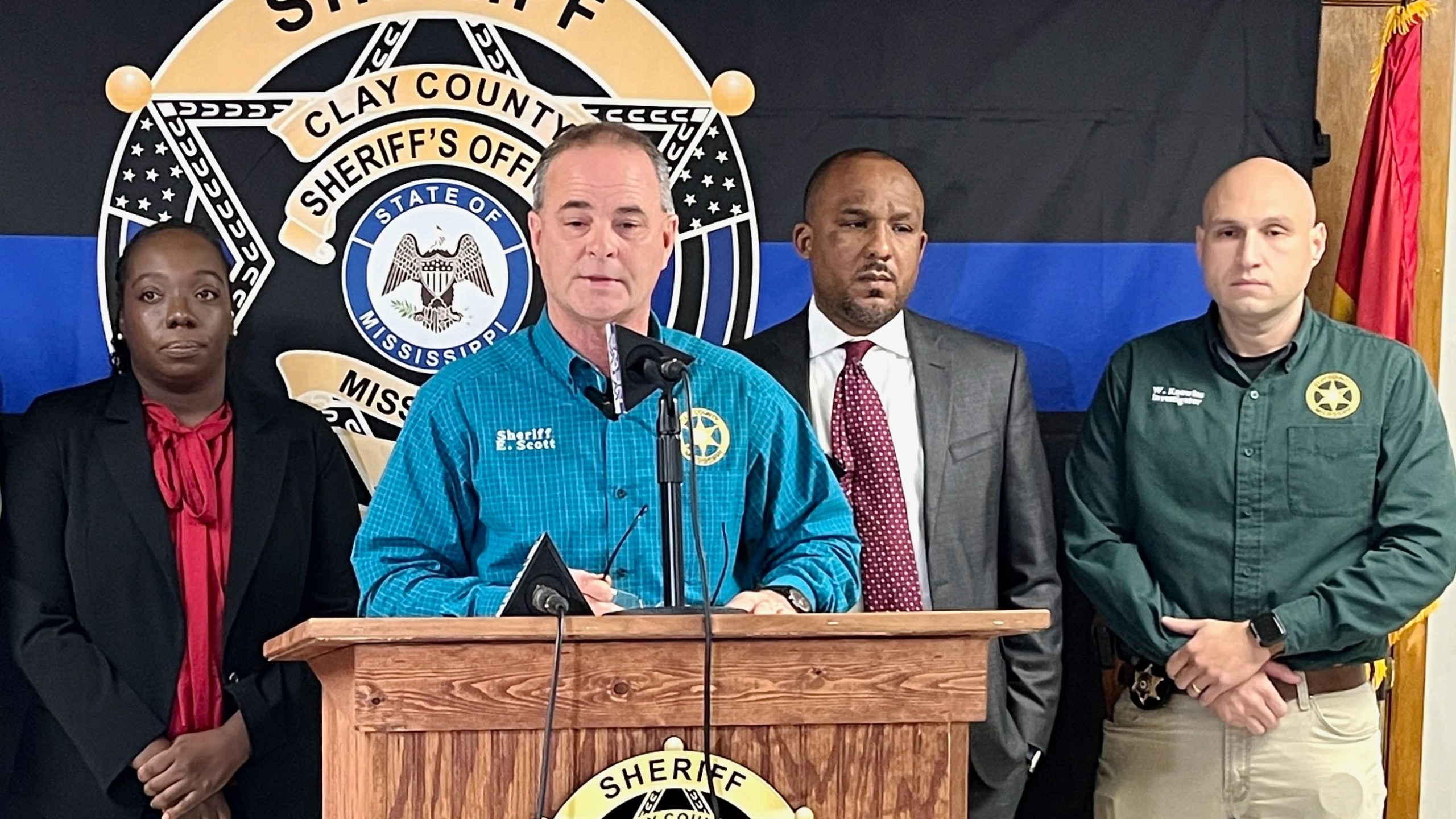 Clay County Sheriff Eddie Scott speaks at a news conference in West Point, Miss., on Saturday, Jan, 10, 2026, following fatal Friday night shootings at three locations. (William Moore/The Northeast Mississippi Daily Journal via AP)