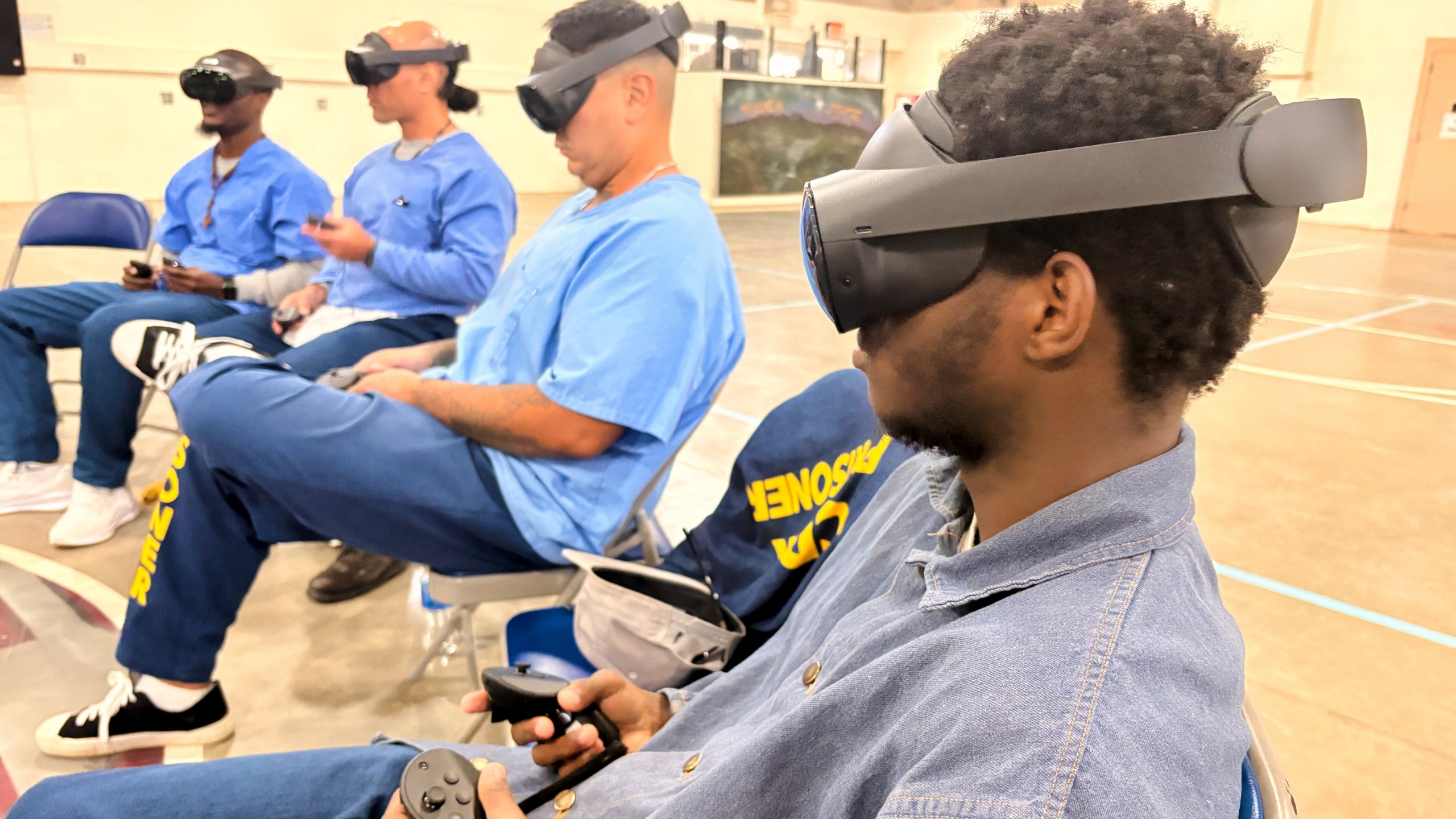 Incarcerated men use virtual reality headsets inside Valley State Prison in Chowchilla, Calif., Dec. 11, 2025. (AP Photo/Haven Daley)