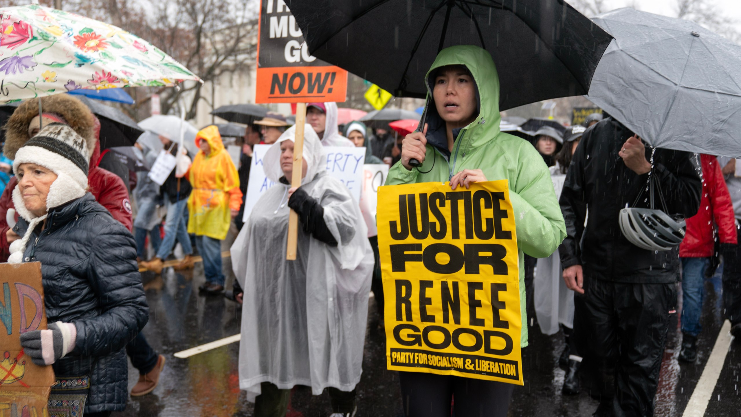 Demonstrators march outside the White House in Washington, Saturday, Jan. 10, 2026, against the Immigration and Customs Enforcement agent who fatally shot Renee Good in Minneapolis. (AP Photo/Jose Luis Magana)