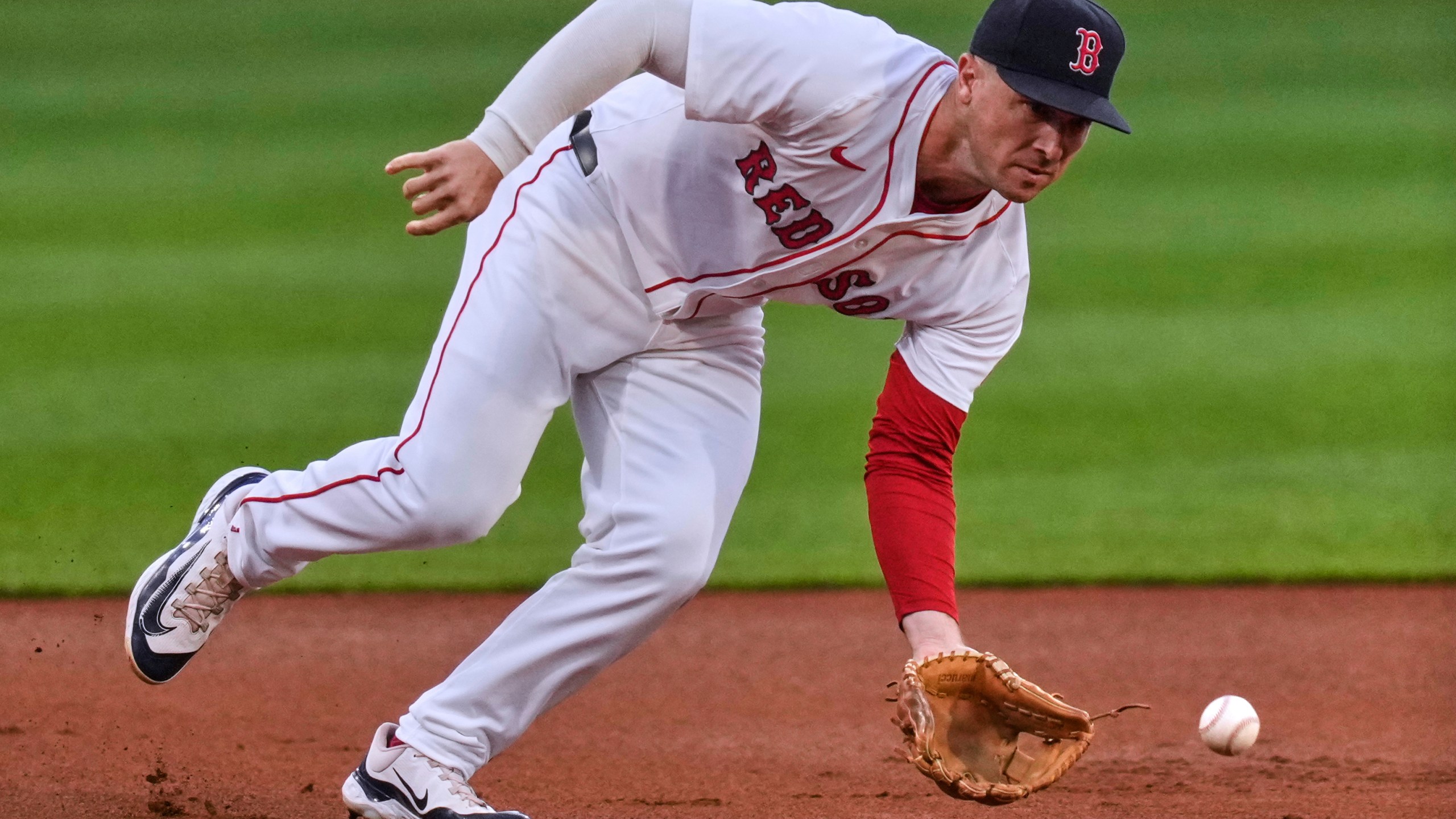 FILE - Boston Red Sox third baseman Alex Bregman fields a groundout hit by Baltimore Orioles' Jordan Westburg during the first inning of a baseball game at Fenway Park, on Aug. 18, 2025, in Boston. (AP Photo/Charles Krupa, File)
