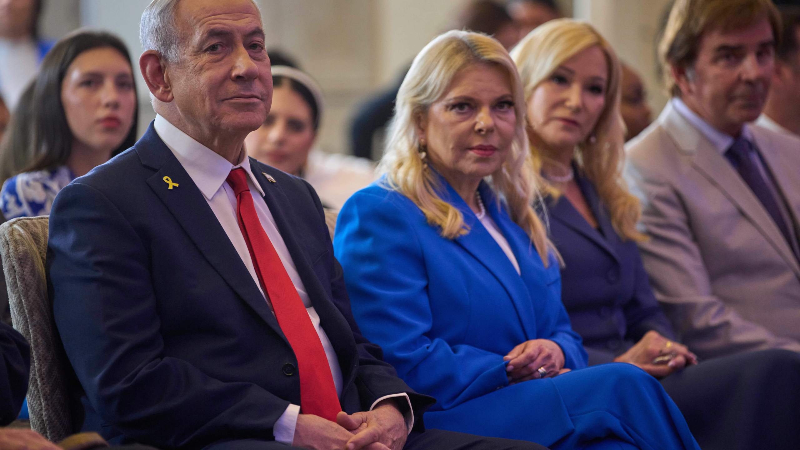 FILE - Israeli Prime Minister Benjamin Netanyahu and his wife Sara sit during a conference in Jerusalem, Sunday, July 27, 2025. (AP Photo/Ohad Zwigenberg, File)